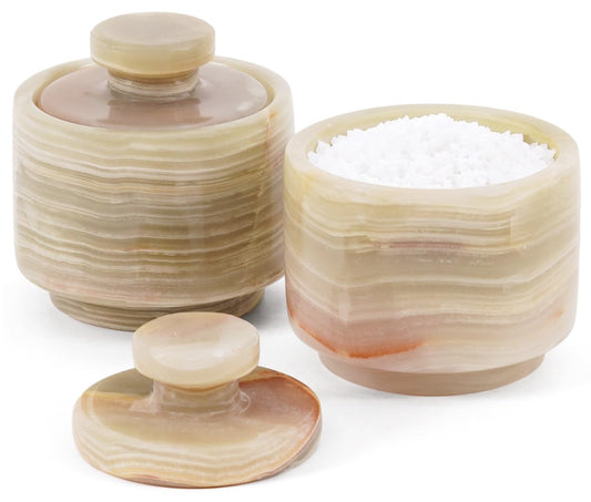 MARBLOUS KRAFTS Marble Small Salt Cellar with Lid 3" Inch Green Onyx Stone Salt Holder Set of 2 for Counter & Stone Salt Container, Salt Dish, Salt Box & Spice Jar, Kitchen Decor