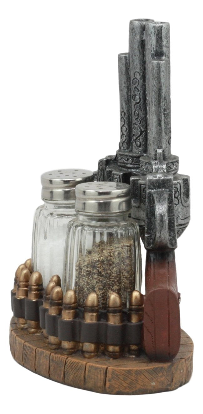 Ebros Rustic Western Wild Wild West Revolver Six Shooter Pistol With Bullet Rounds Decorative Salt And Pepper Shakers Set Figurine Holder With Glass Shakers Cowboy Cowgirl Kitchen Bar Dining Accent