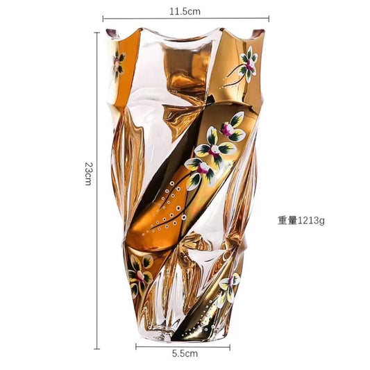 Deegufa Gold Glass Flower Vase Hand Painted Golden Enamel Vases 9.1 in, Premium Bohemia Crystal Vase for Home Decor