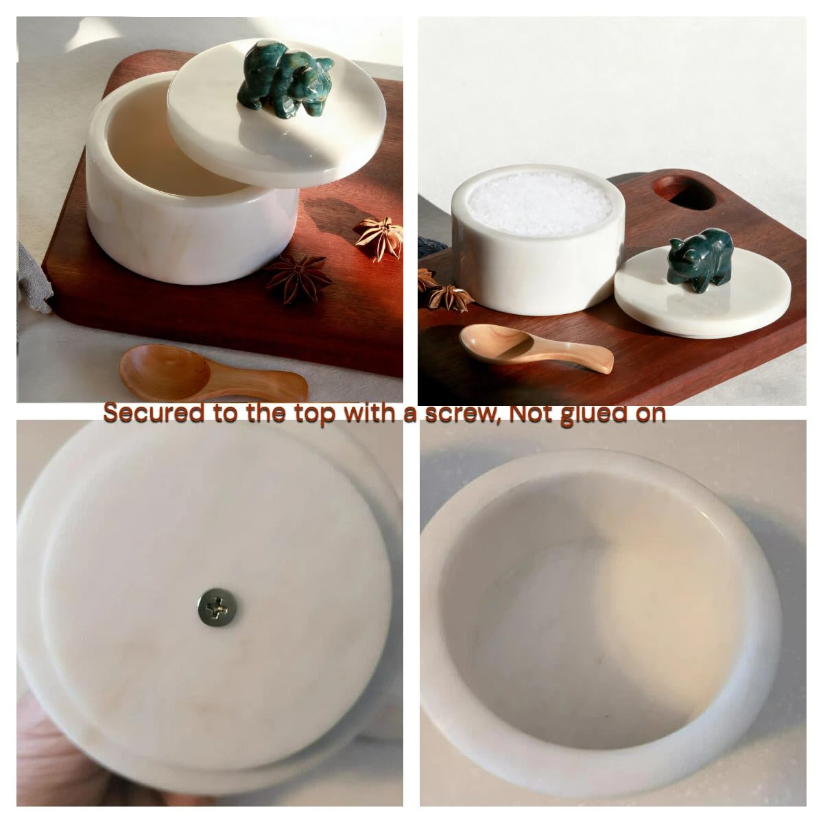 Homestia Marble Salt Cellar with Lid 4" White Marble Salt Keeper Green Bear Gemstone Knob, Natural Stone Spice Jar for Kitchen Counter, Modern Salt Bowl Pepper Holder Gift