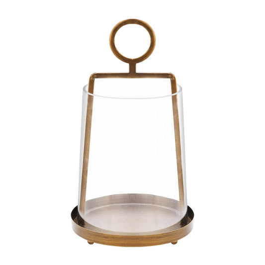 Twakutwaku 9" Wide Modern Farmhouse Metal Hurricane Candle Holder with Handmade Sturdy Glass Sleeve in Vintage Brass for Pillar Candle & Plants, Glass Hurricane Lantern, Industrial, Minimalistic