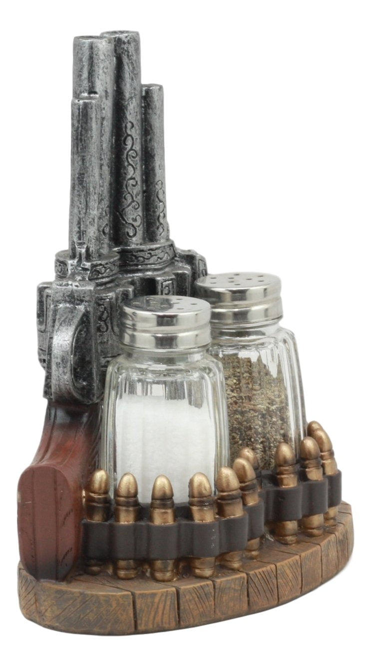 Ebros Rustic Western Wild Wild West Revolver Six Shooter Pistol With Bullet Rounds Decorative Salt And Pepper Shakers Set Figurine Holder With Glass Shakers Cowboy Cowgirl Kitchen Bar Dining Accent