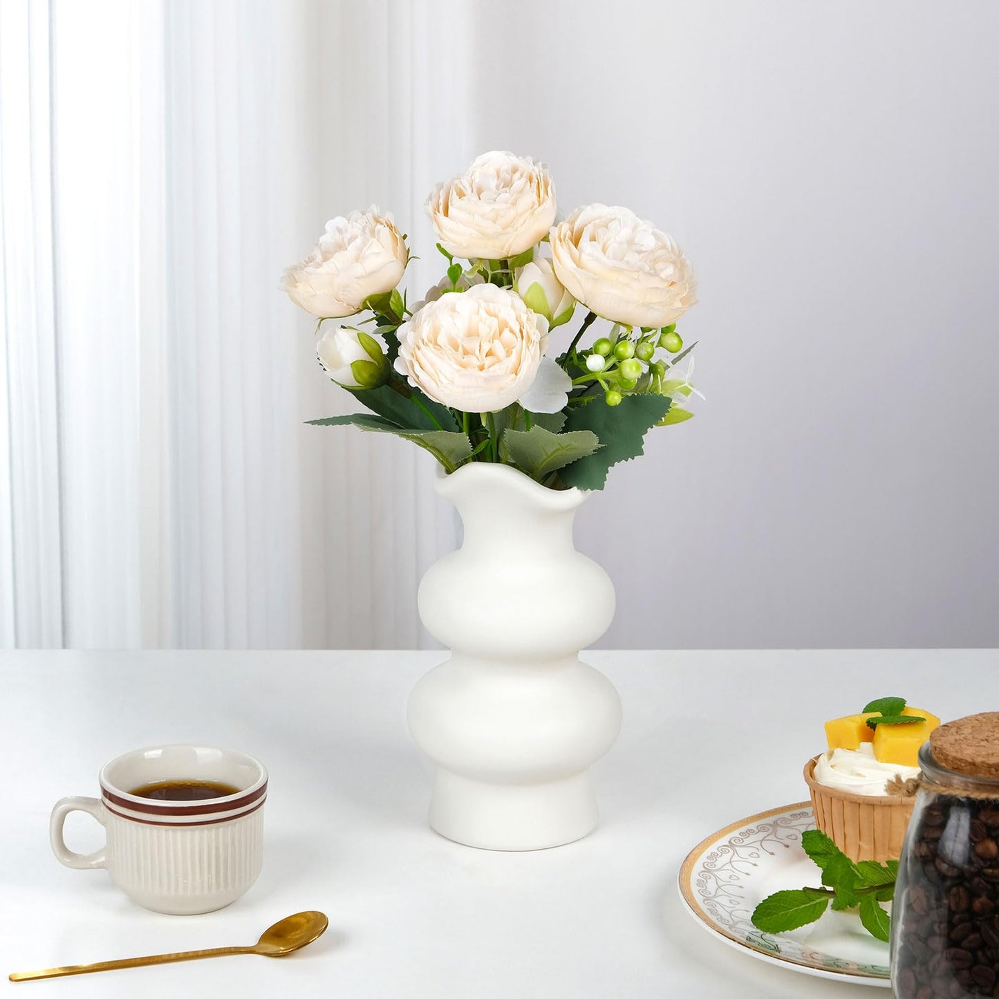 VanEnjoy Boho Unique Flower Vase - Modern Aesthetic Matte White 8.67 inch Ceramic Vase for Pampas Grass & Home Decor