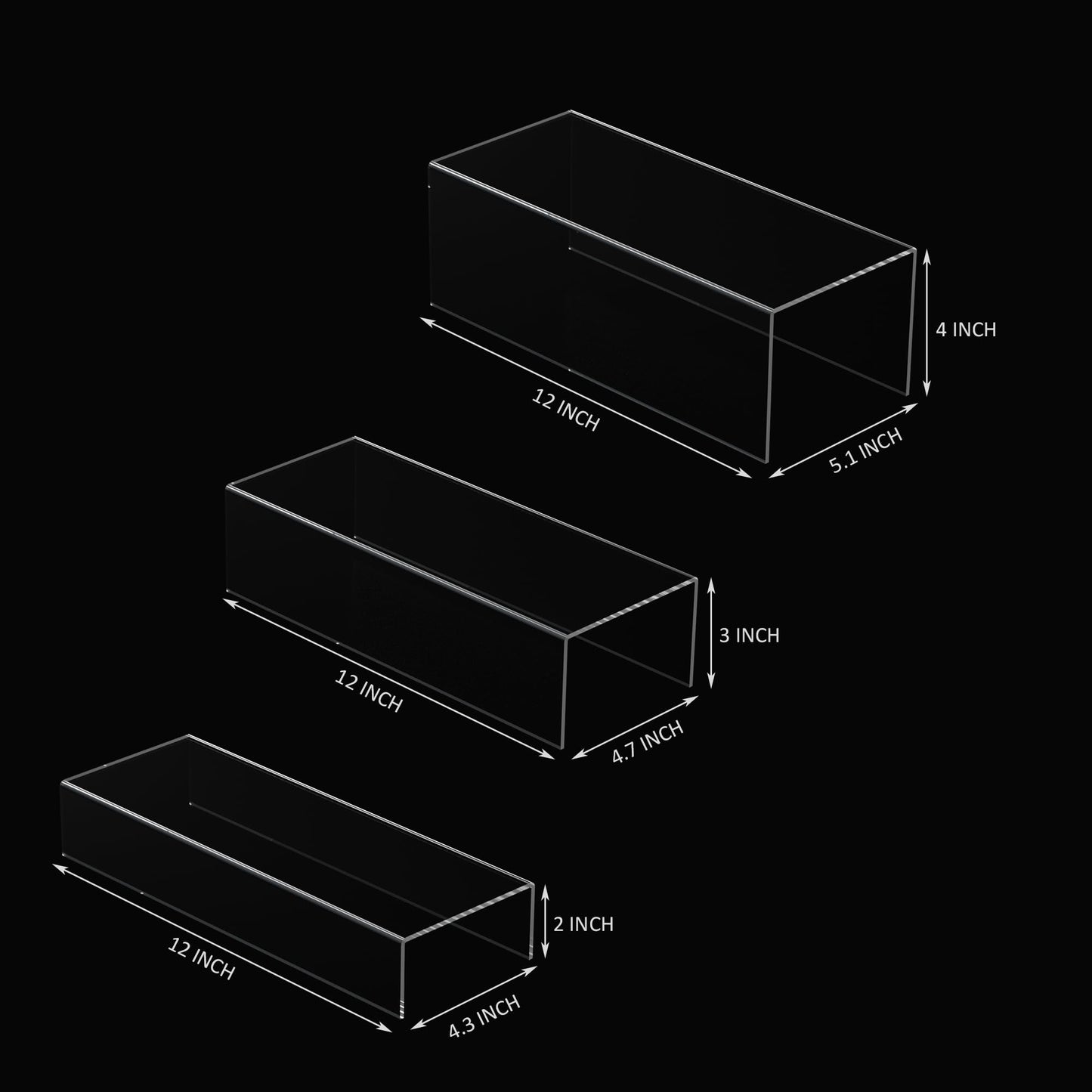 Sezanrpt Clear Riser Display Shelf 3pcs, Desktop Rectangular Acrylic Display Shelves Storage Organizer, Acrylic Stands for Funko Pop Figure, Bags, Shoes, Spice Jars, Skincare, Cosmetics - 12-2'', 3'',