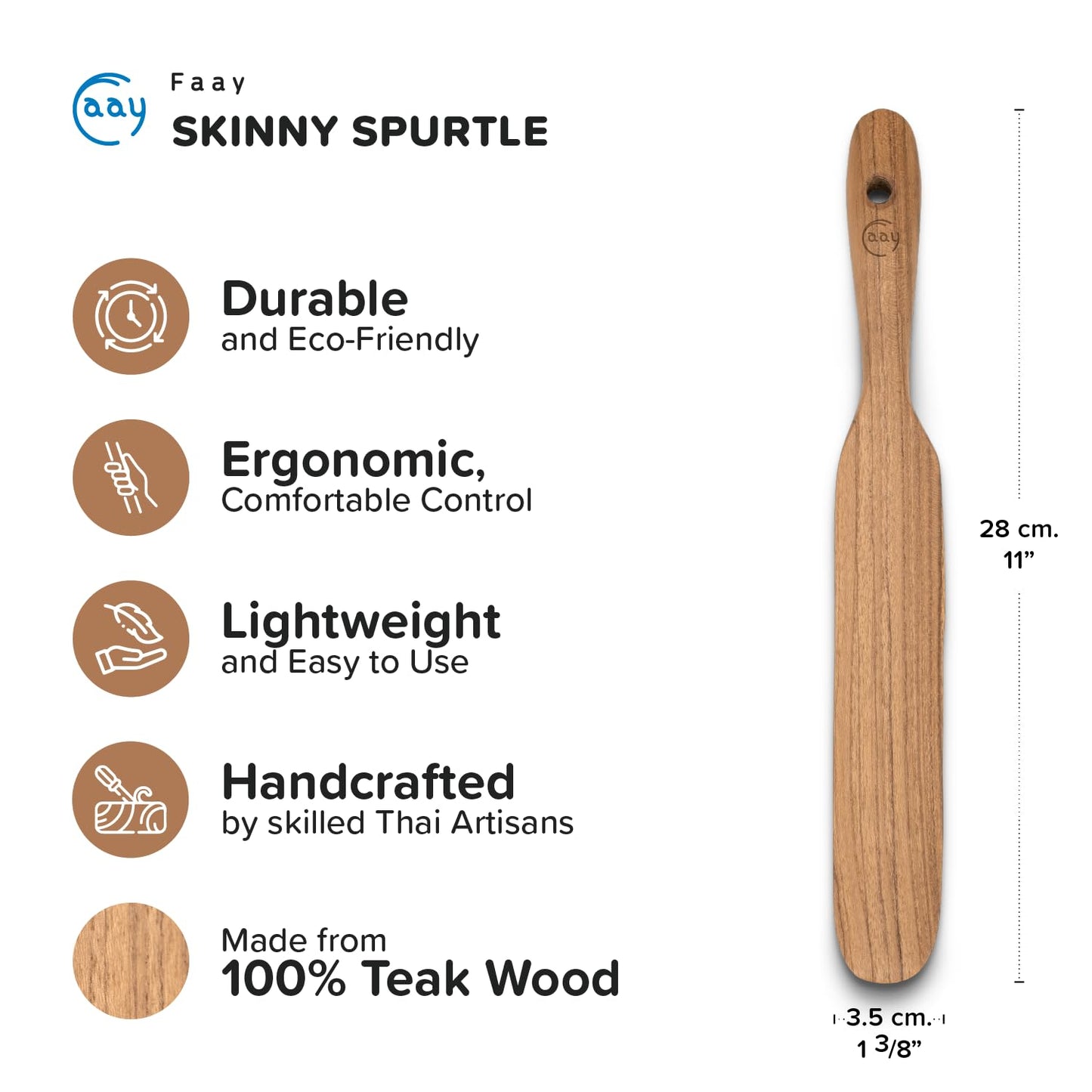 FAAY Teak Wooden Skinny Spurtle Spatula for Sourdough Starter & Jars