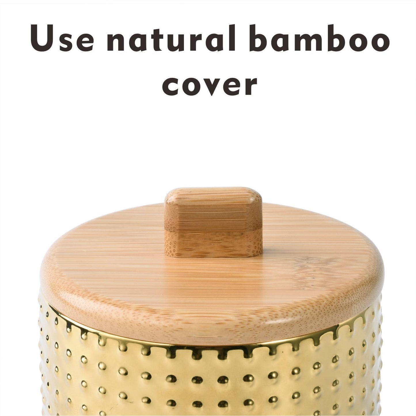 Salt Cellar Keeper with Bamboo Lid, 14oz Big Capacity Ceramic Sugar Bowls Pepper Box, Golden Water Dot Seasoning Container Condiment Pot for Kitchen (Gold Color)