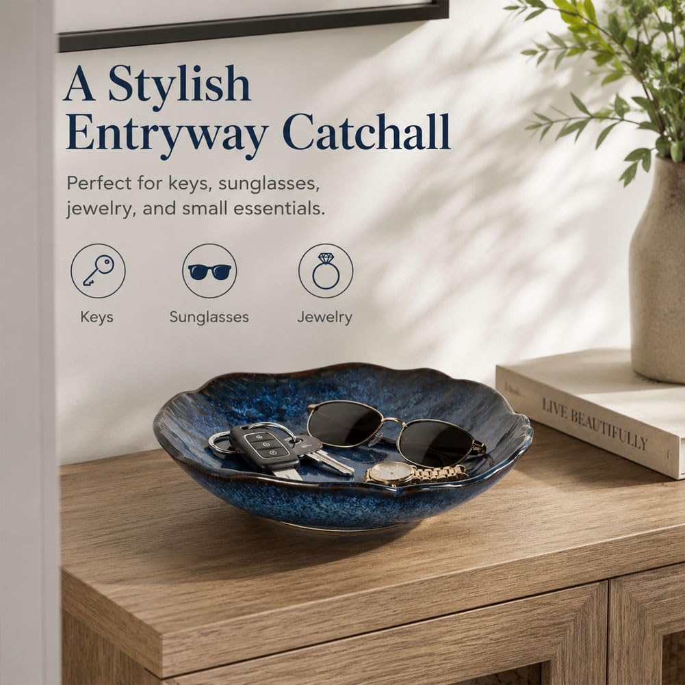 10.8" Blue Candy Dish, Navy Blue Decorative Bowl, Large Glazed Blue Pottery Bowl, Candy Bowl for Office Desk, Key Bowl for Entryway Table, Fruit Bowl Centerpiece for Coffee Table Living Room Decor