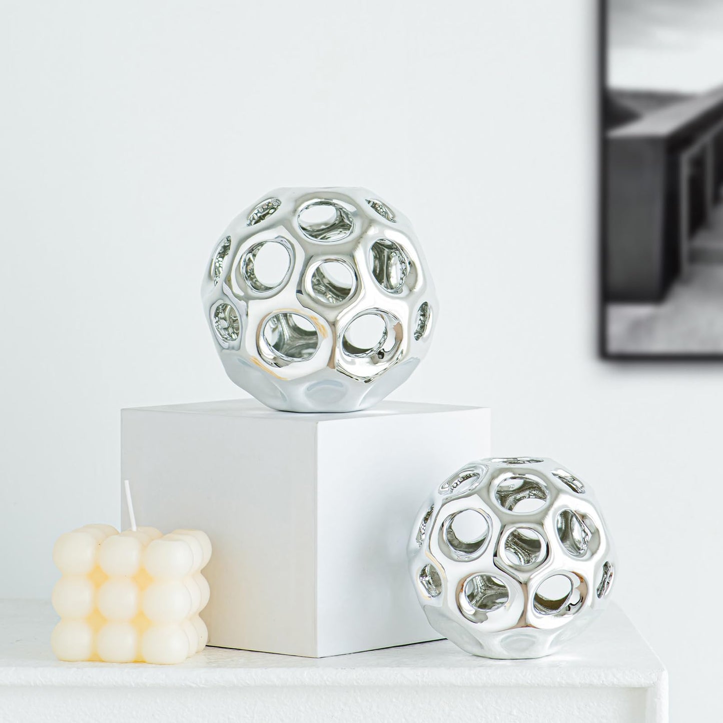 Silver Knot Orbs Decorative Objects, Modern Geometric Balls Centerpieces, Orb Knick Knacks Home Decor, Ceramic Coffee Table Sculptures for Living Room, Bedroom, Office Desktop, Bookshelf (Silver)