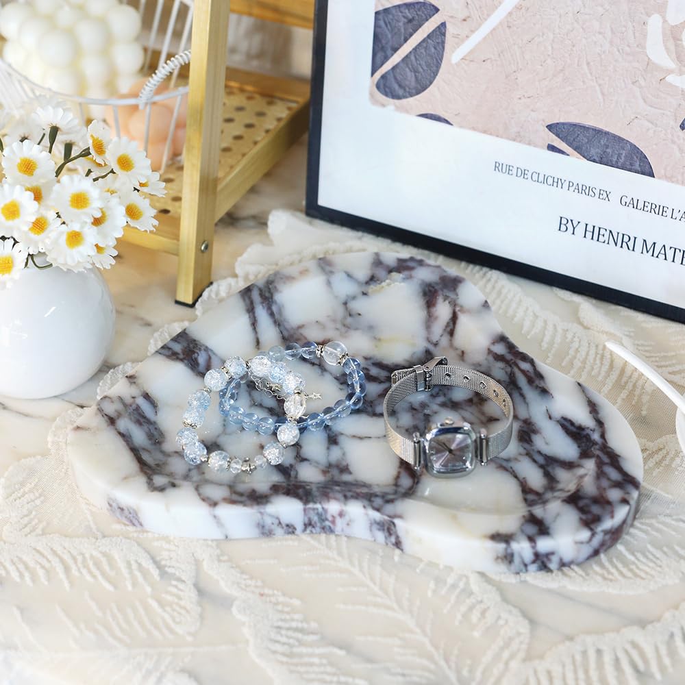 Yfstone Natural Marble Oval Jewelry Dish, Trinket Tray for Ring & Earring Holder, Vanity/Nightstand Decor with Unique Natural Veins, Gift for Women/Mom/Daughter