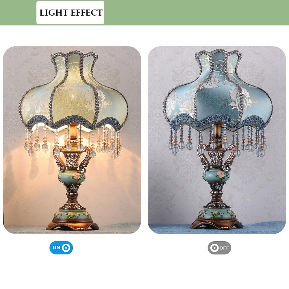 Aeyee Lovely Table Lamp with Fabric Lampshade, Antique Flower Decorative Bedside Desk Lamp, Crystal Night Light for Bedroom Nightstand, Blue Finish