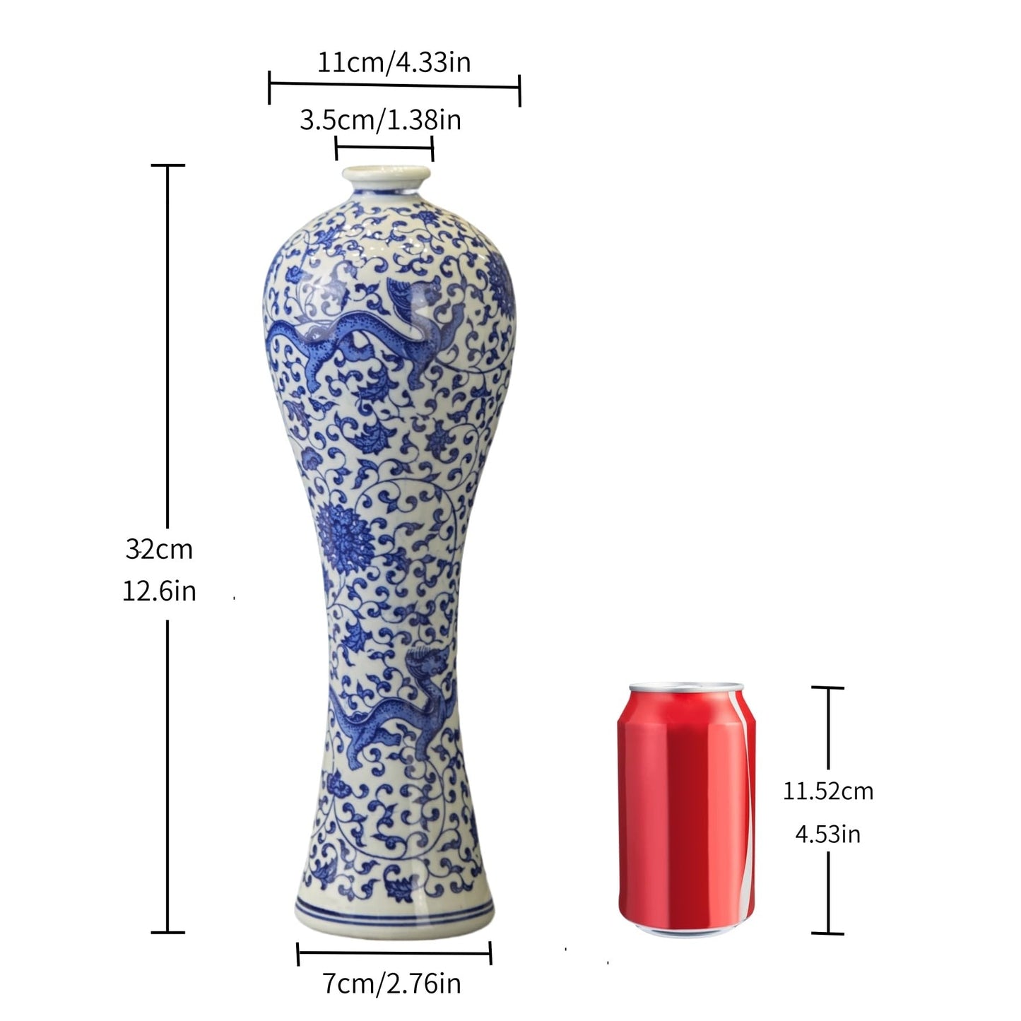 12.6" Blue and White Patterned Flower Vase Antique Ceramic Vases Ginger Jar Home Decoration, Dining Table Centerpiece, Living Room, Bookshelf, Olive Plant, Entryway, Mantle Fireplace Decor (Style 2)