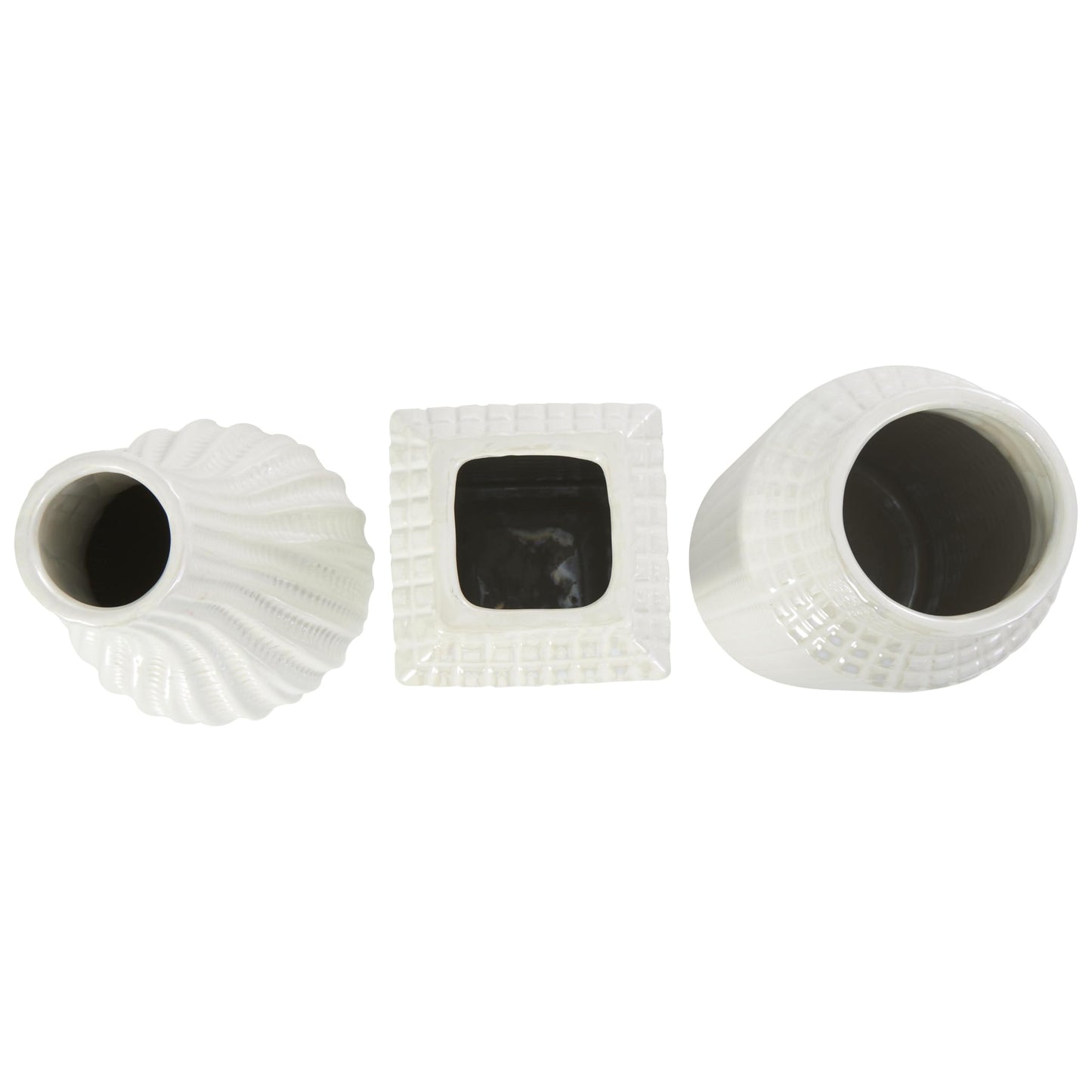 Deco 79 Ceramic Geometric Decorative Vase Dimensional Textured Centerpiece Vases with Varying Shapes and Grid Patterns, Set of 3 Flower Vases for Home Decoration 3" W, 8" H, Cream