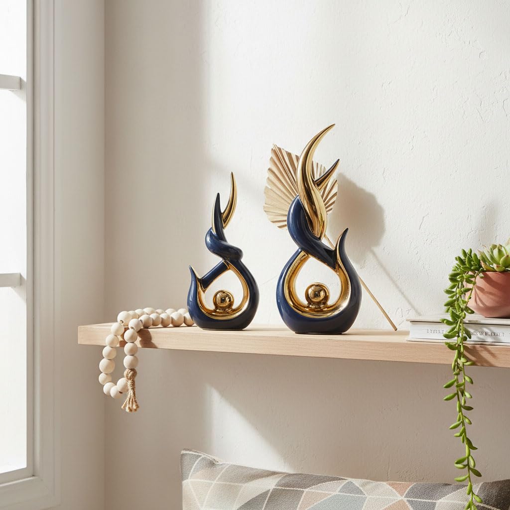 Blue Gold Ceramic Abstract 2 Piece Statue Set,Mid Century Modern Abstract Art Home Decor Statue Mantelpiece on Unique Shelf Decor, TV Cabinet Divider Table top and Dining Table Centerpiece (Blue)