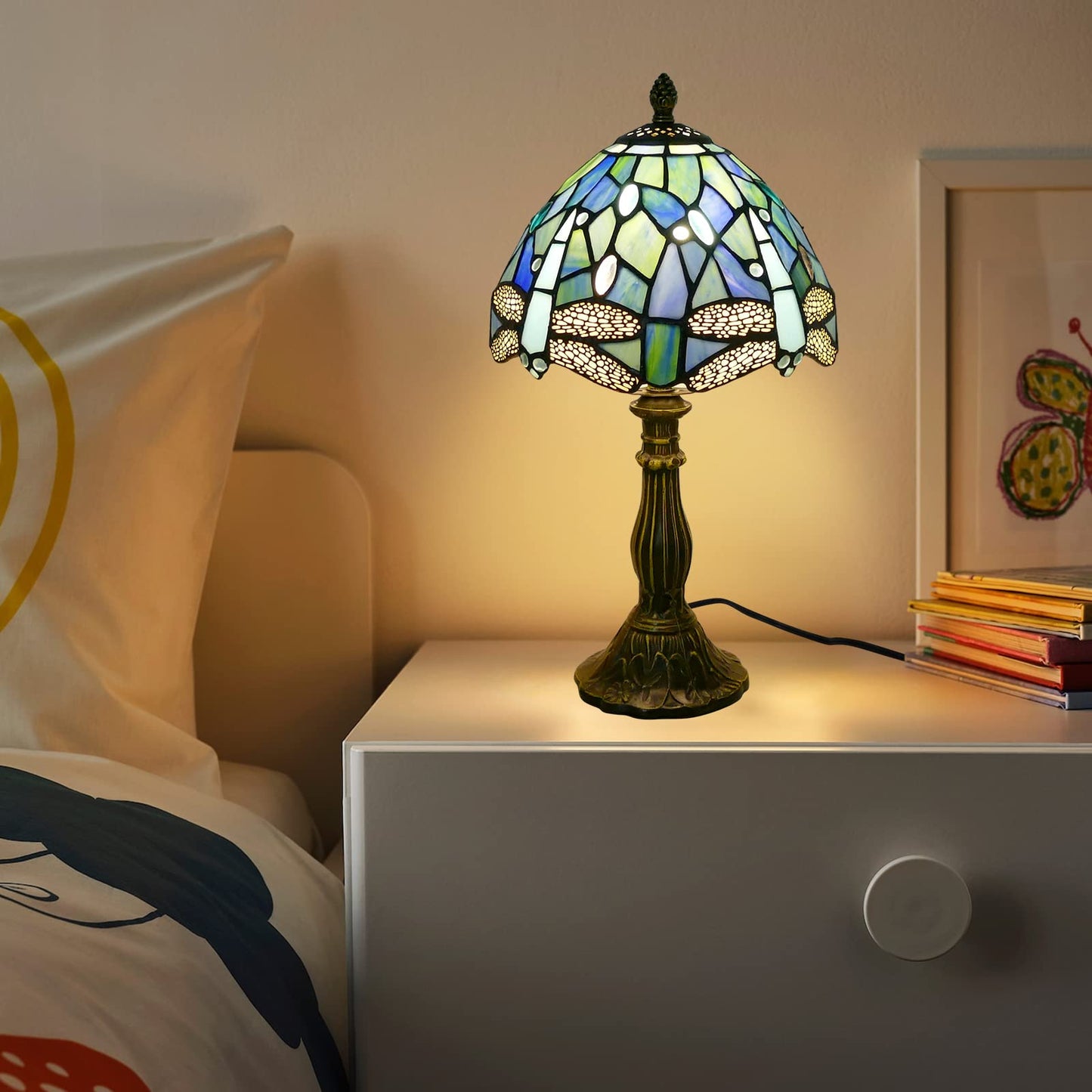 VirtueKing Tiffany Lamp Sea Blue Stained Glass Table Lamp 8X8X15 Inches Dragonfly Style Desk Reading Light Decor Beside Table Lamp for Bedroom Living Room Home Office