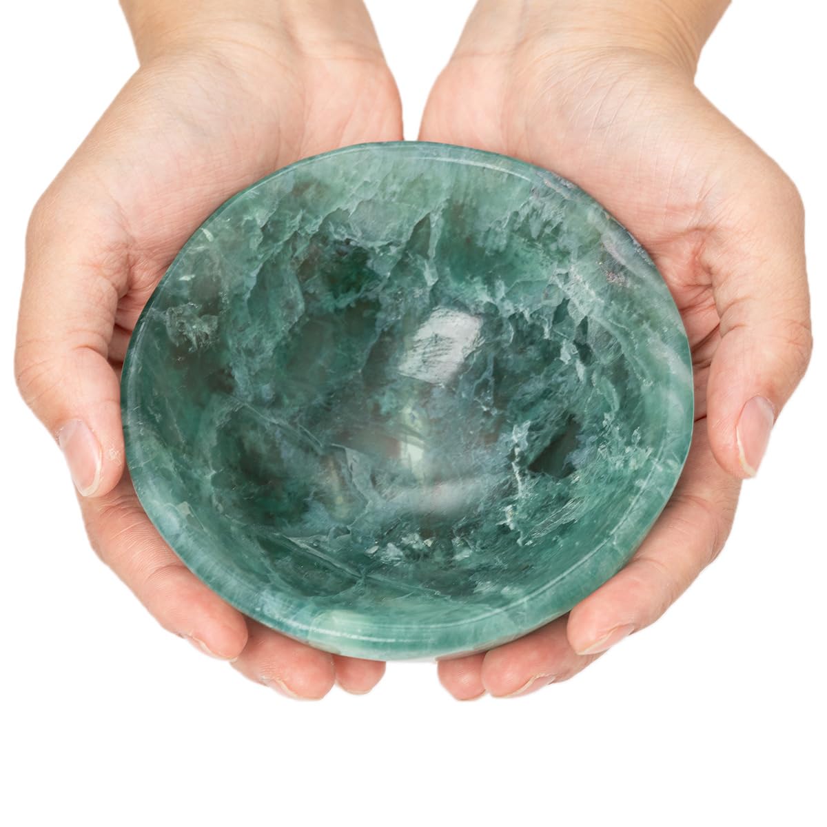 MOGEMT Large Green Fluorite Crystal Bowl Hand-Carved Round Fluorite Crystals Gemstone Bowl Reiki Healing Home Decoration Gift 4-4.5"