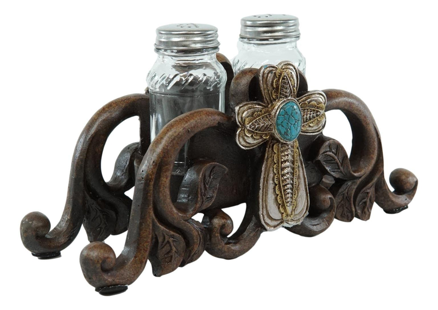 Ebros Gift Decorative Turquoise Stone Holy Cross With Faux Wood Scroll Lace Vines Salt and Pepper Shakers Set Spiritual Religious Christian Decor Inspirational Sculptures For Dining Table Bar Accent