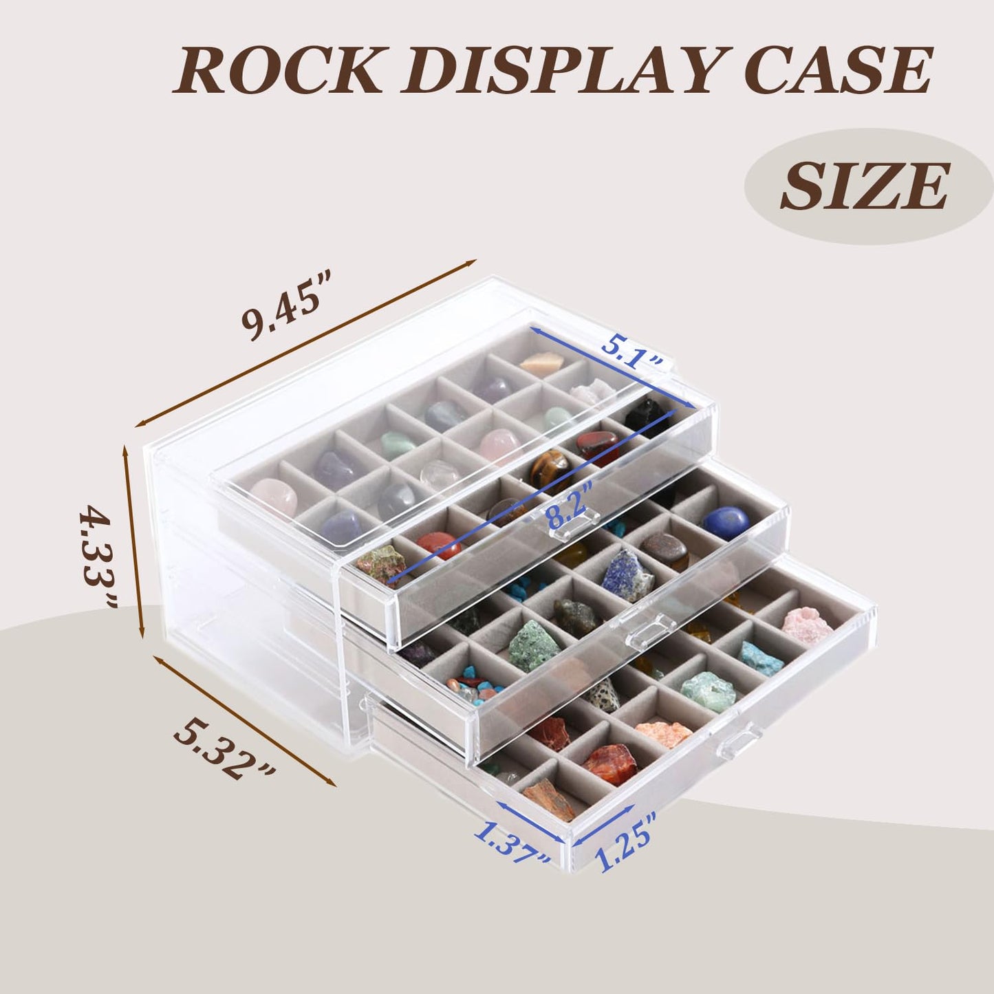 Rock Display Case, 54 Girds Rock Collection Display, Rock Collection Box for Kids with Acrylic Cover and Velvet Compartment, Gemstone Display Case for Stones, Crystals, Gems (Grey)
