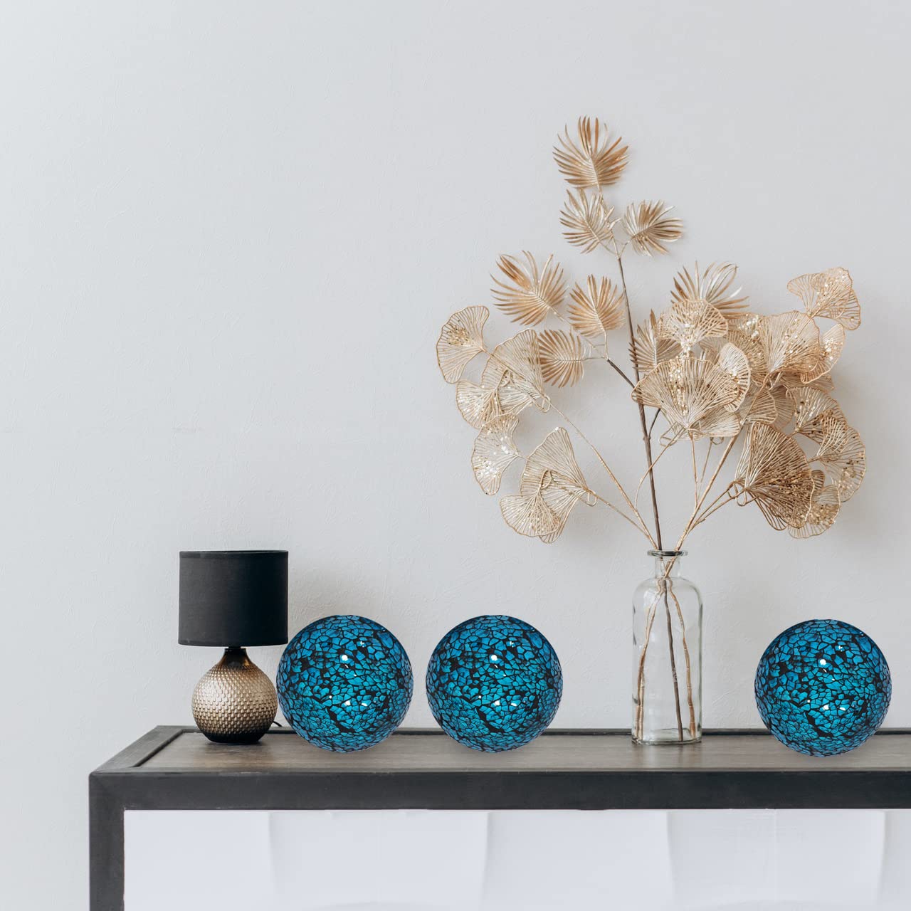 Kunjocy 3 Pieces Decorative Glass Orbs 4 Inch Glass Mosaic Sphere Balls Centerpiece Balls for Bowls Vases Dining Table Decor (Blue)