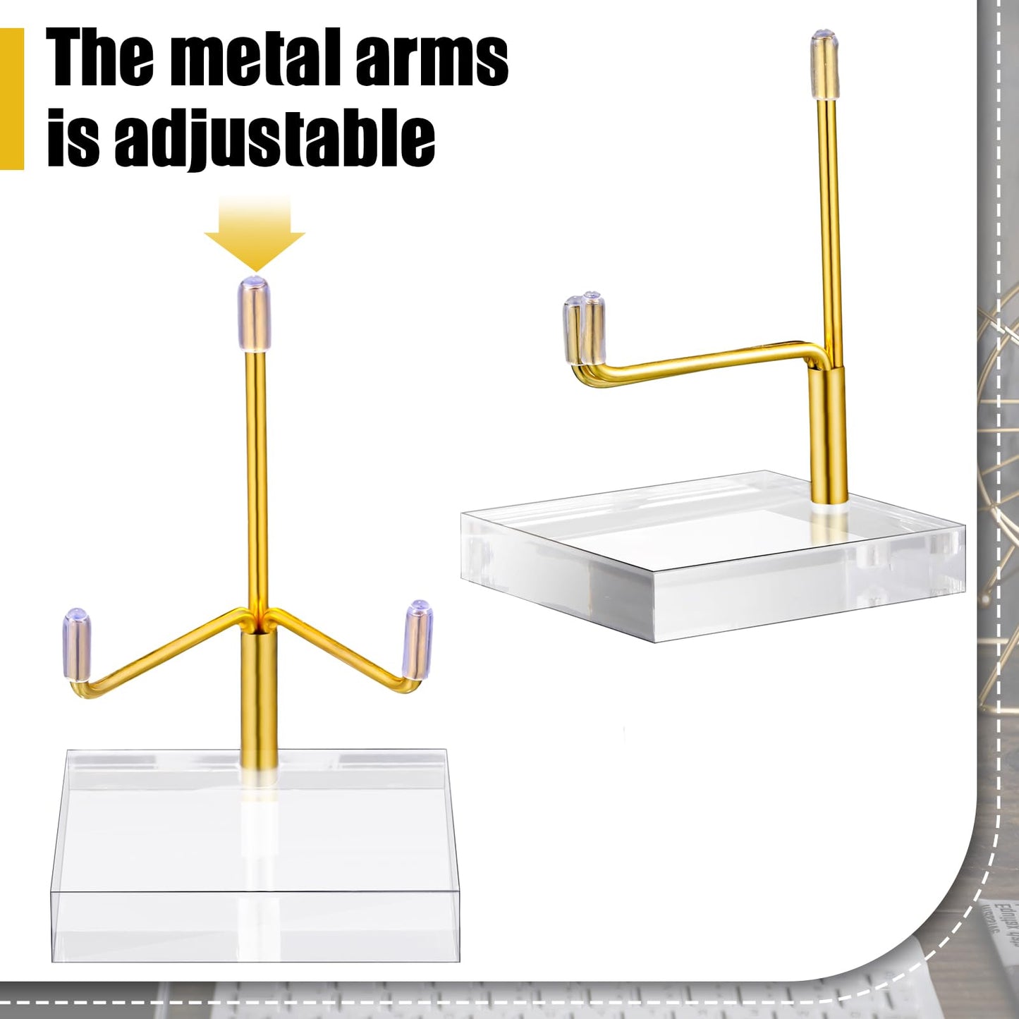 Kigley 8 Pcs Adjustable Metal Arm Display Stand Crystal Holder Easel Display with Acrylic Base Easel Rock Mineral Stand for Geodes Mineral Agate Collection(Gold,2 x 2 x 3.5 Inch)