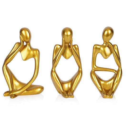 Ozzptuu Sandstone Resin Thinker Style Abstract Sculpture Statue Collectible Figurines Home Office Bookshelf Desktop Decor (Small Gold, 3pcs)