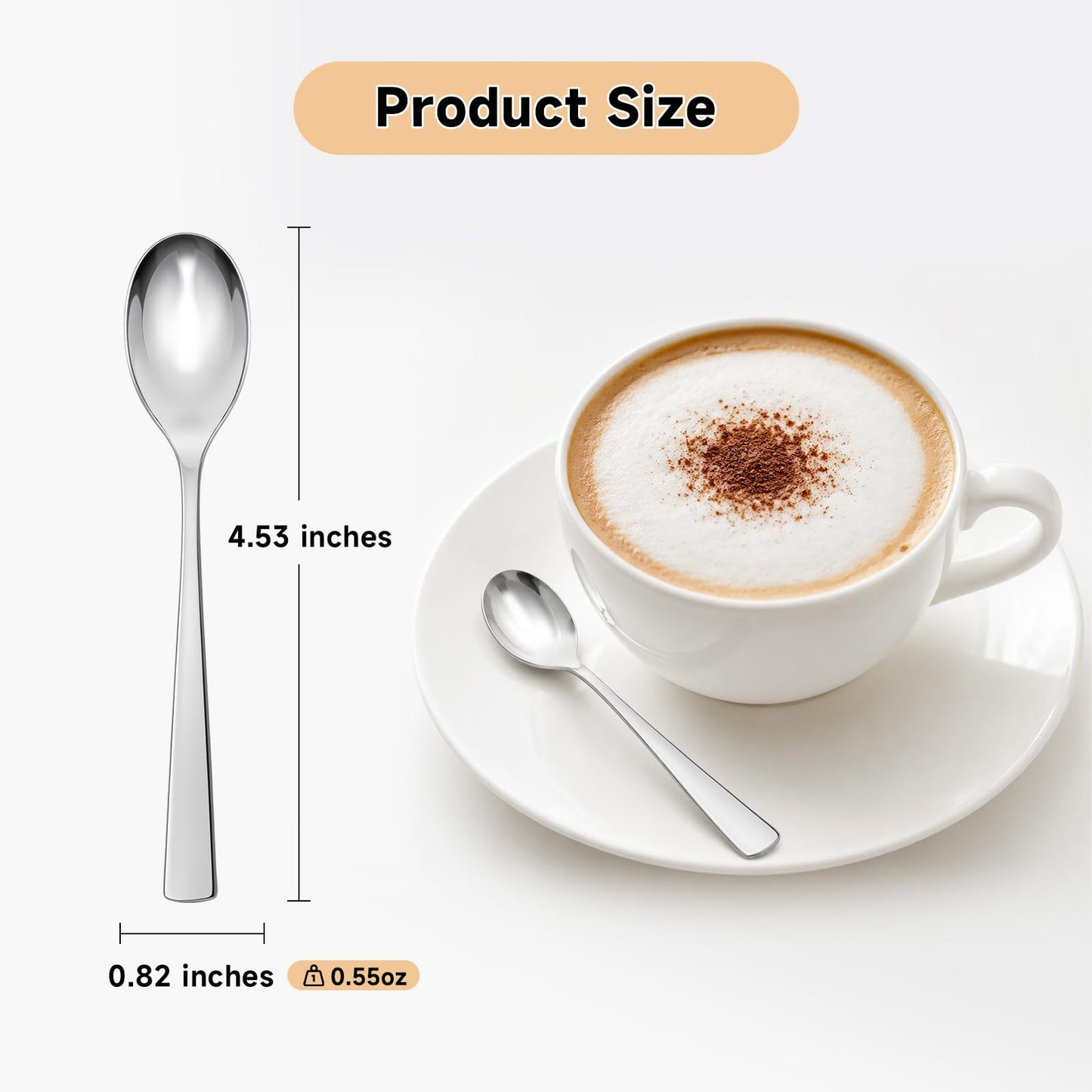 Hanucci Set of 6 Demitasse Espresso Spoons, 4.53 Inches Food Grade 18/10 Stainless Steel Mini Coffee Teaspoons, Dishwasher Safe Small Stirring Spoons for Tea, Latte, Yogurt, Dessert