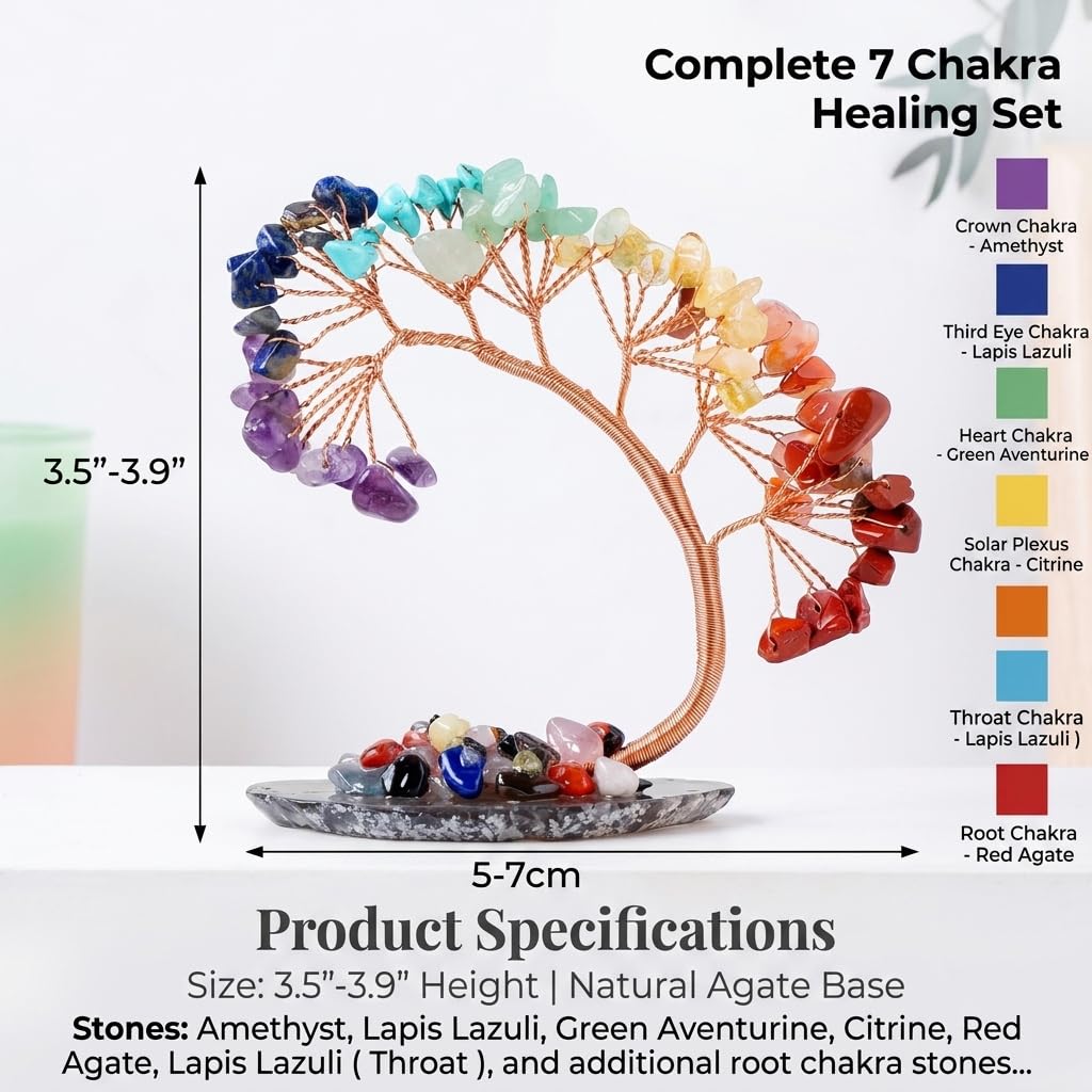 7 Chakra Crystal Tree of Life, Handmade Healing Crystals Gemstones Decor for Good Luck, Positive Energy Home Decor & Office Table, Meaningful Birthday Gifts for Women, Mom & Friends