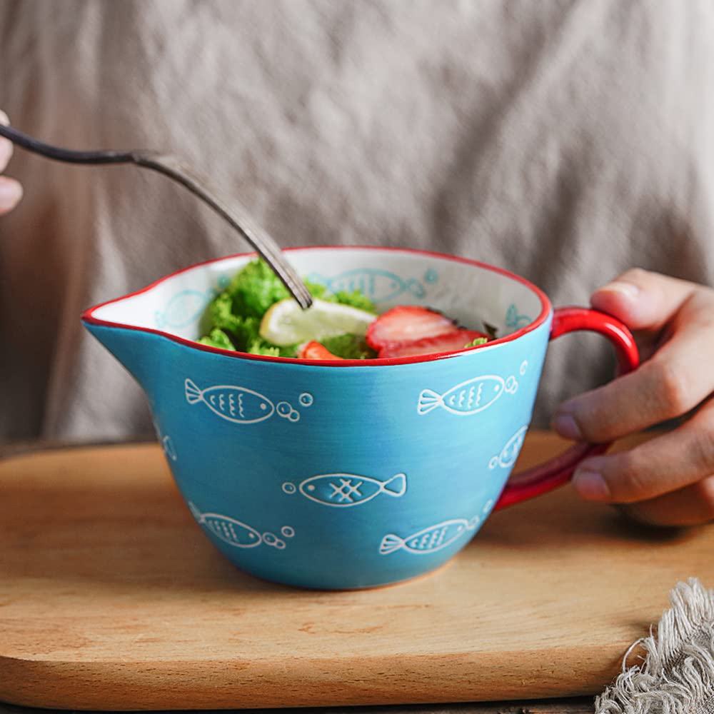 Gaolinci Blue Fish Pattern Kitchen Ceramic Mixing Bowl, 1 Quart Large Bowl, with Pouring Spout and Handle