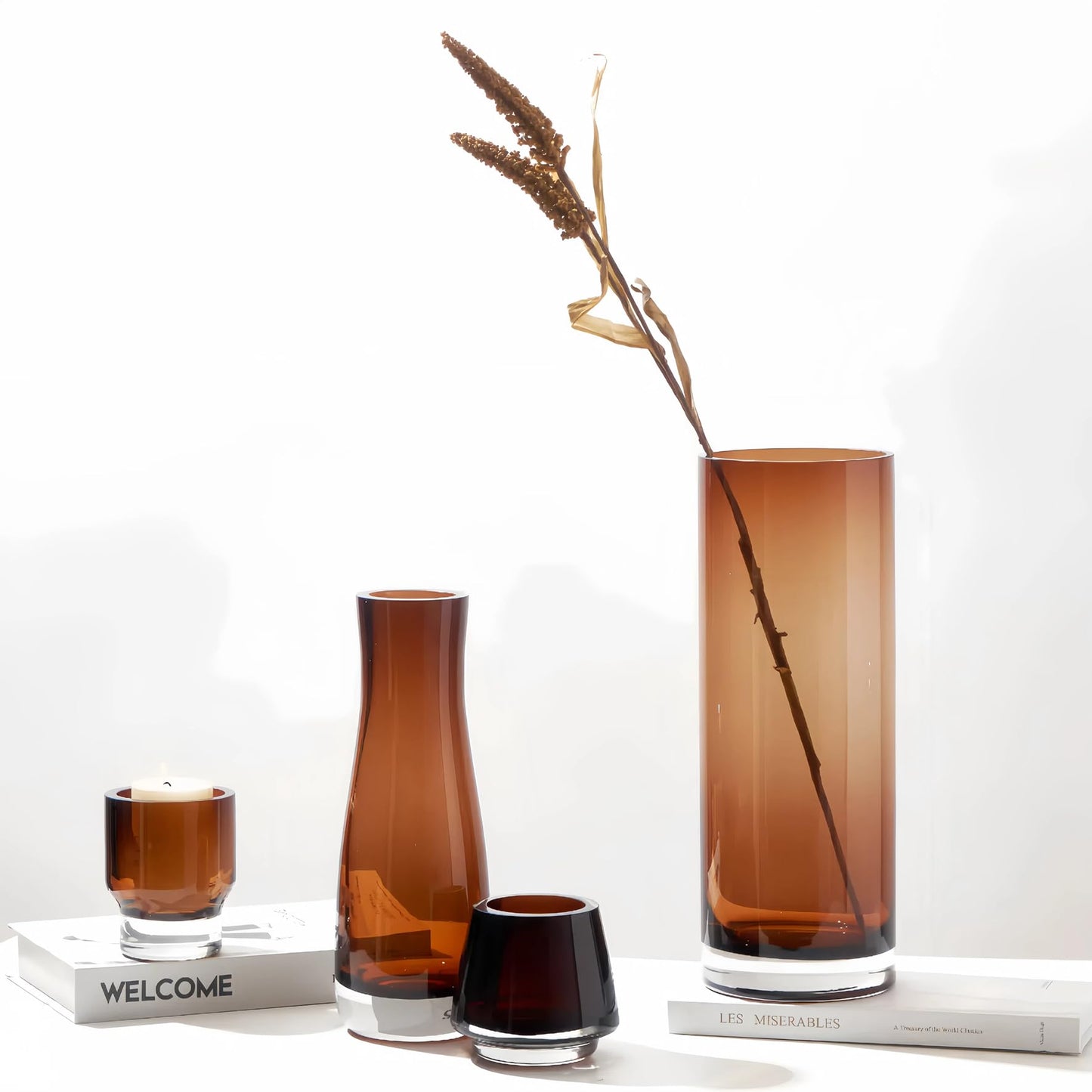 10" Amber Glass Vase – 3.9lb Large Luxury Flowervase for Home Decor, Elegant Noble Amber Vase for Centerpieces, Weddings, or Living Room Decor