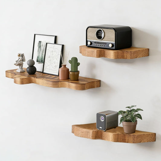 3 Pcs Small Rustic Wave Edge Floating Shelf, 3 Size Live Edge Wood Floating Shelves with Metal Bracket, Farmhouse Vintage Wall Decor for Living Room Bedroom Bathroom Kitchen Office