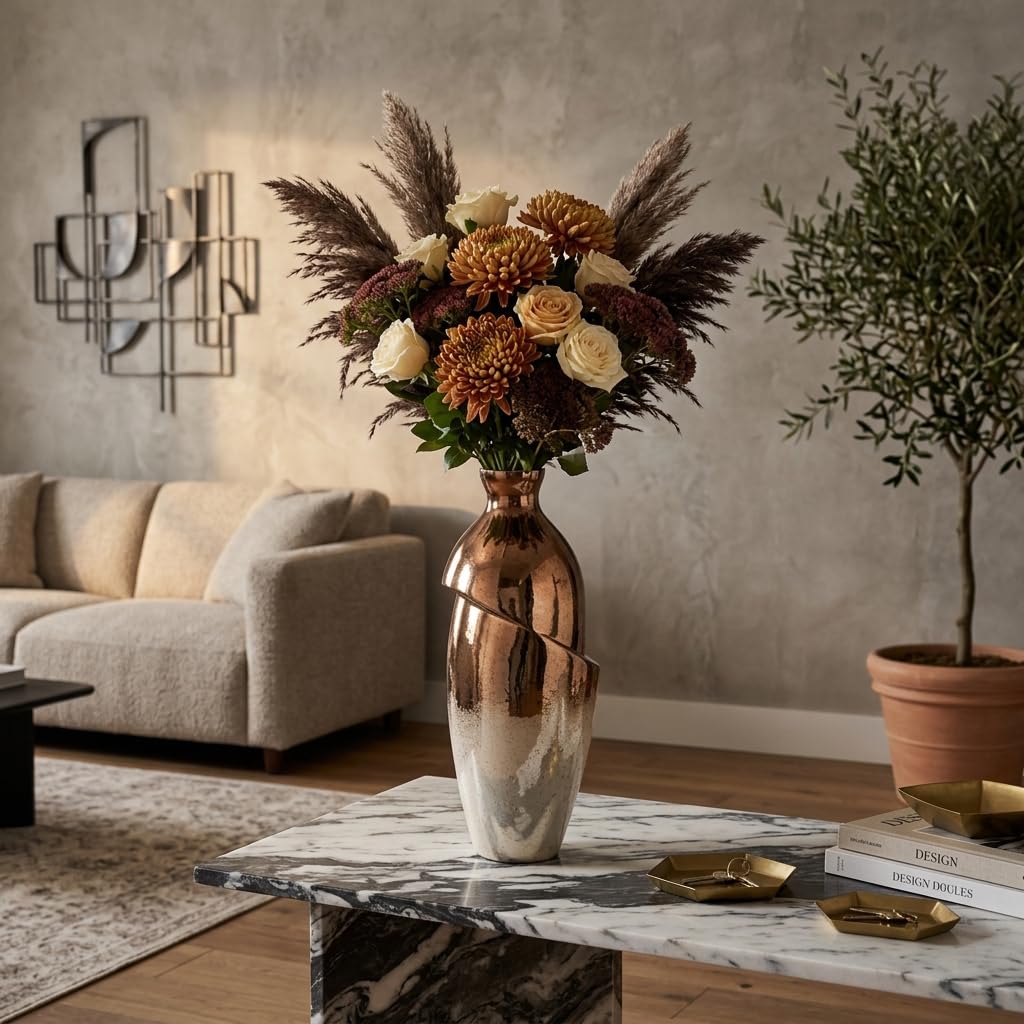 Sagebrook Home Modern Glass Vase - Unique Abstract Design - Handcrafted Metallic Glass - Luxury Decorative Accent for Home, Office, Living Room & Bedroom - 19" Copper & Bronze