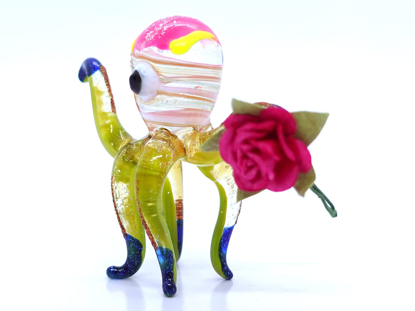 Sansukjai Squid Holding Flower Miniature Hand Blown Glass Art Painted Figurines Animals Collectible Gift Home Décor