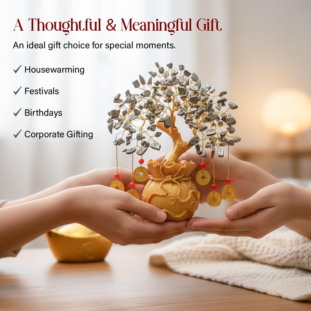 Crocon® Pyrite Crystal Tree with Artificial Coin Pot Base Bonsai for Home & Office Decor Good Luck Feng Shui Coins Money Wealth Tree Crystal Spiritual Gifts for Women Mom Sister Desk Bookshelf Decor