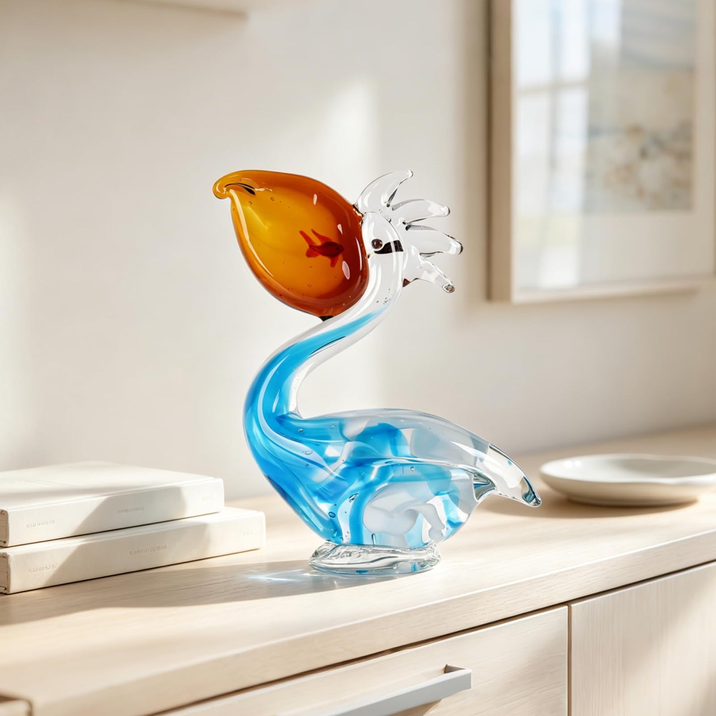 LINYTHER Pelican Figurine, Hand Blown Glass Pelican Figurine Coastal Bird Animal Statue Sculpture for Beach Nautical Home Decor, Art Glass Pelican Ornament for Shelf Tabletop, Gifts for Women