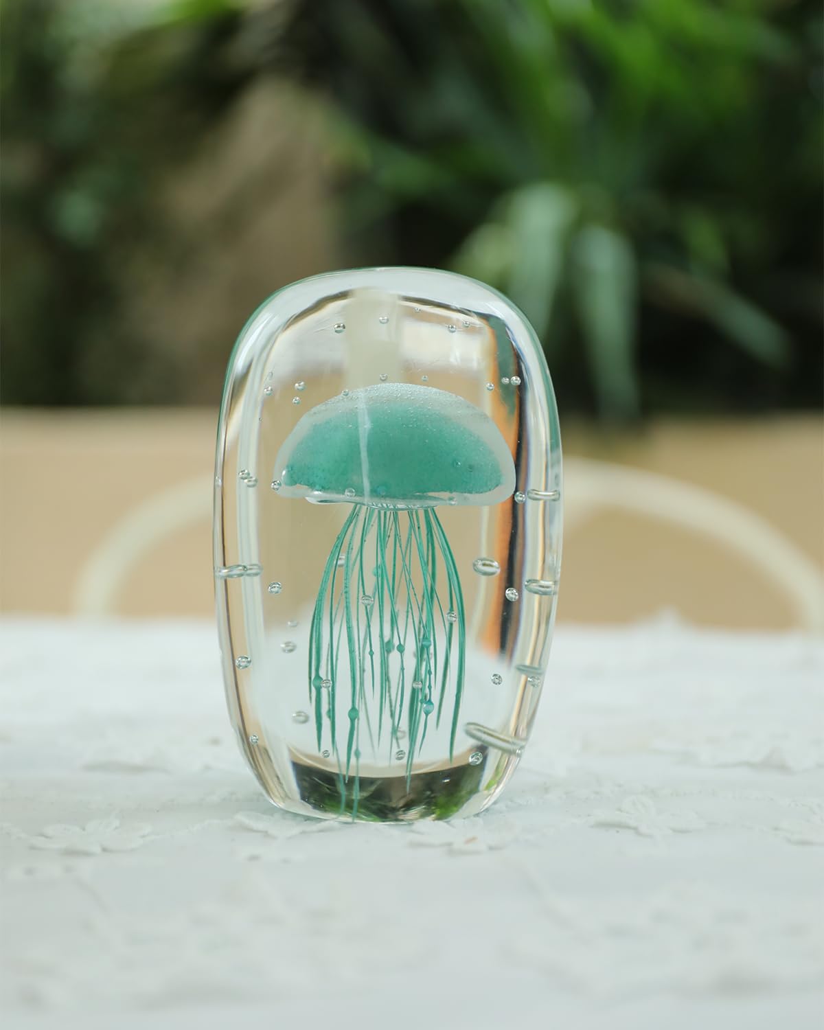 Bdor Glass Jellyfish Figurine, Hand Blown Art, Glow in The Dark Paperweight, Sea Ornament, Home Decor Gift, Green