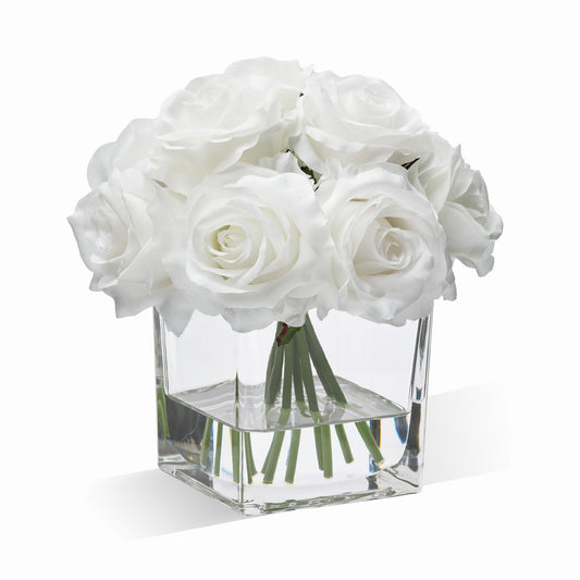 WELL KNOWN Rose Artificial Flowers in Vase with Faux Water, Ivory White Silk Rose Table Centerpieces for Home Coffee Table Decor, Fake Roses Flower Arrangements for Office Hotel Lavatory Decor