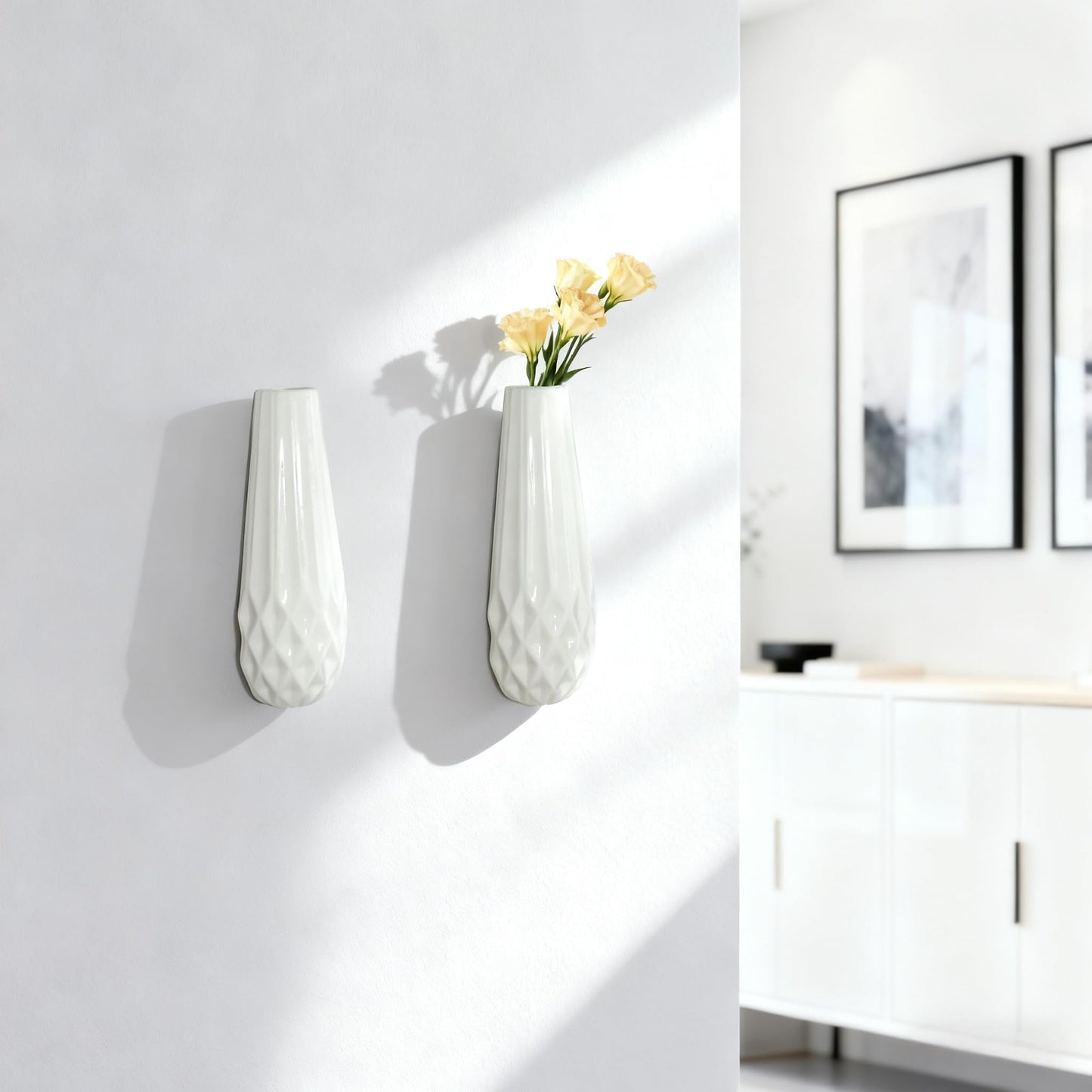 DOCFLVAS Wall Ceramic Vase — 2 Pack Textured Matte White Hanging Vase | Modern Minimalist Ceramic Wall-Mounted Vase for Single Stems & Dried Flowers