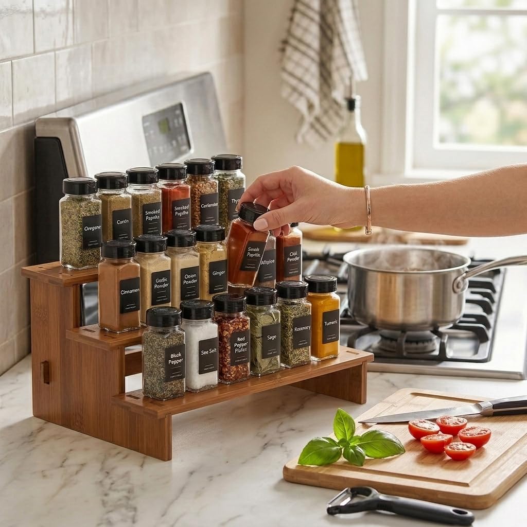 Pinkrin Bamboo Spice Rack Organizer for Cabinet, 3 Tier Wooden Tiered Spice Shelf for Countertop, Standing Kitchen Seasoning & Spice Jar Racks for Pantry, Inside Cabinets & Cupboard