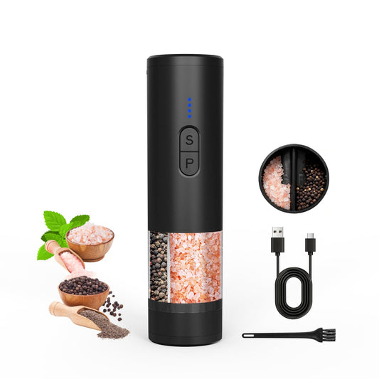Electric Salt and Pepper Grinder Set, 2 in 1 Dual Bins USB Rechargeable Refillable Automatic Salt and Pepper Mill Shaker with LED Light, Dual Ceramic Grinder Adjustable Coarseness, kitchen gift, Black