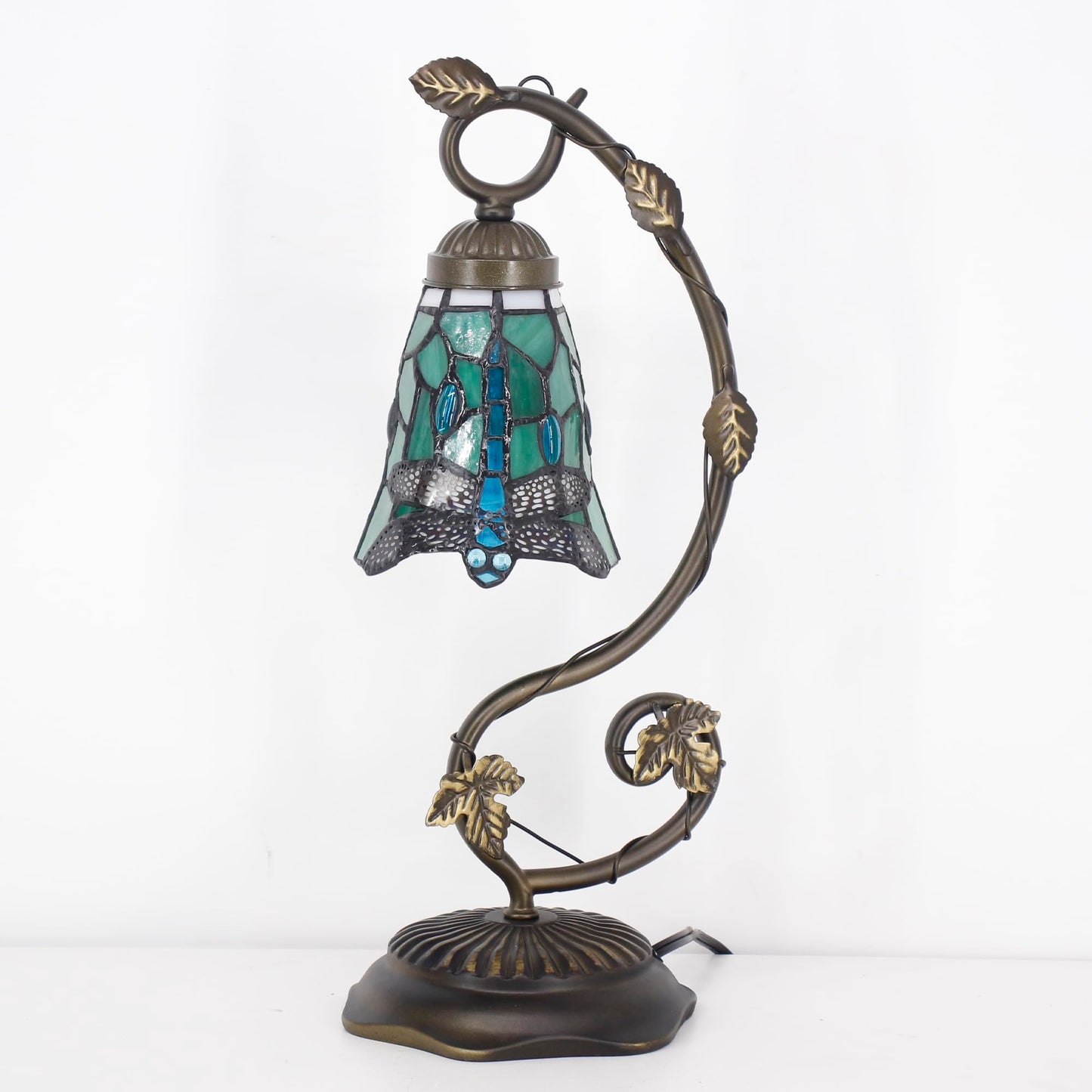 ANYONGLU Tiffany Lamp Stained Glass Desk Reading Bedside Light, Metal Leaf Table Lamp Base 5X6X17 Inches Decor Small Space Bedside Bedroom Home Office (Green Dragonfly Style)