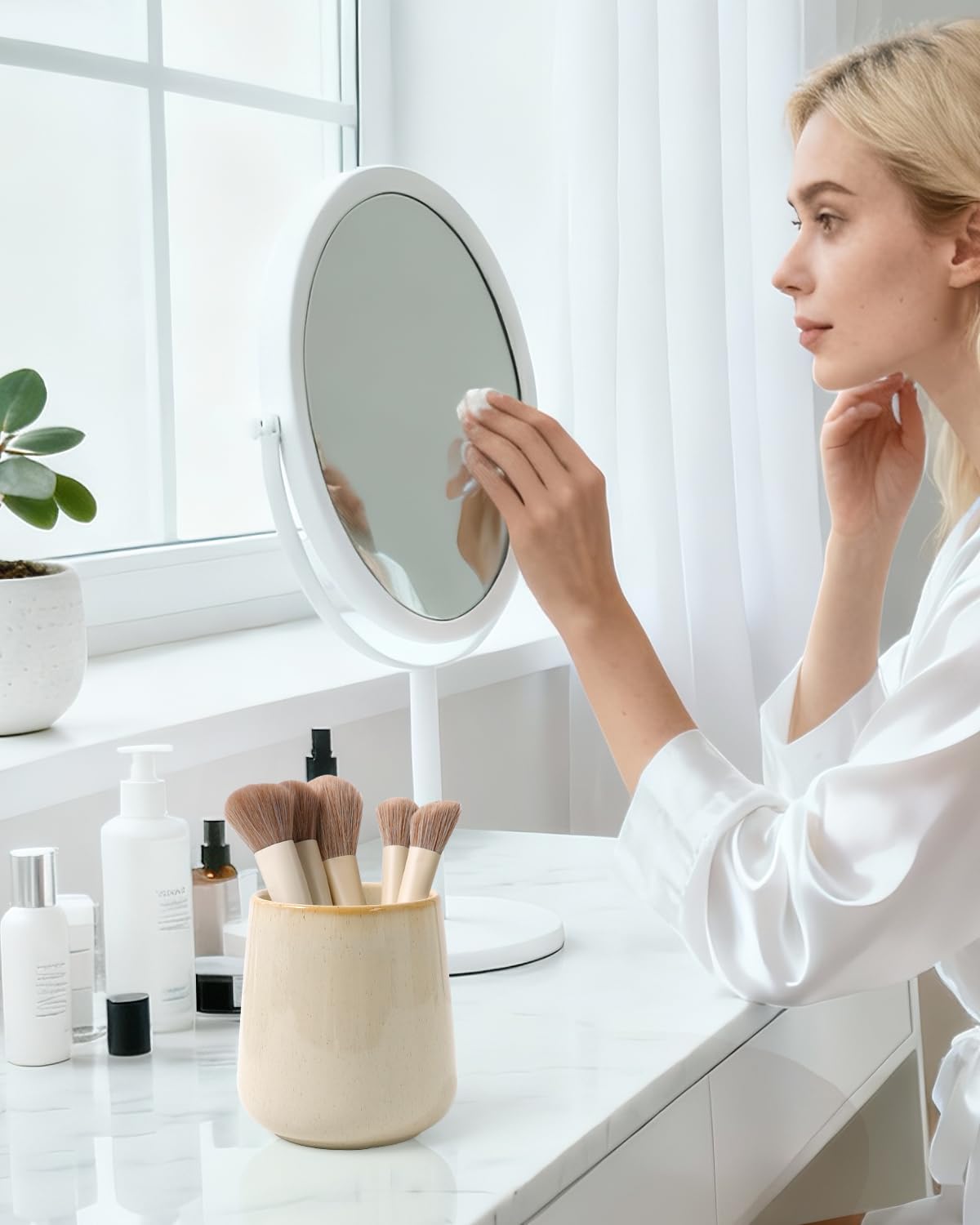 BosilunLife Bathroom Toothbrush Holder - Ceramic Toothbrush Cup Holder 13Oz Greige Toothbrush Holder for Bathroom Toothbrush and Toothpaste Holder for Bathroom Vanity Countertop, Ideal for Home, Hotel