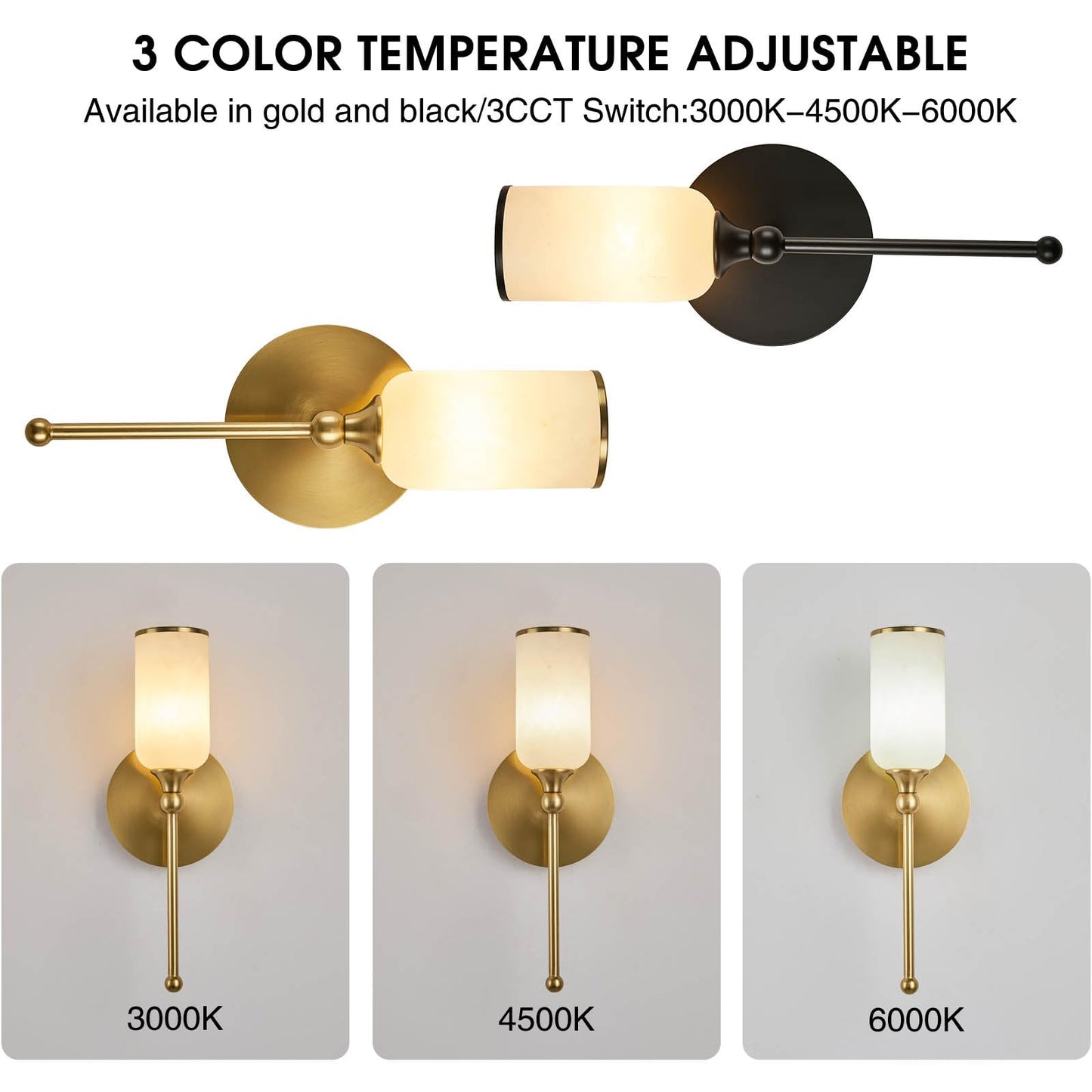 Fanyank Alabaster Wall Sconce, 15.4inch Natural Marble Lampshade Wall Sconce, Hardwired Sconce LED Modern Wall Lamp for Bedroom, Stairs, Living Room, Bedside, Hallway Gold