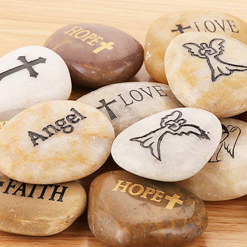 12PCS RockIpact Engraved Guardian Angel Stones Hope Love Faith Believe Inspiration Worry Healing Stones Novelty Serenity Prayer Rock, Pocket Sized Shiny Pebbles (Set of 12, Bulk Lot)