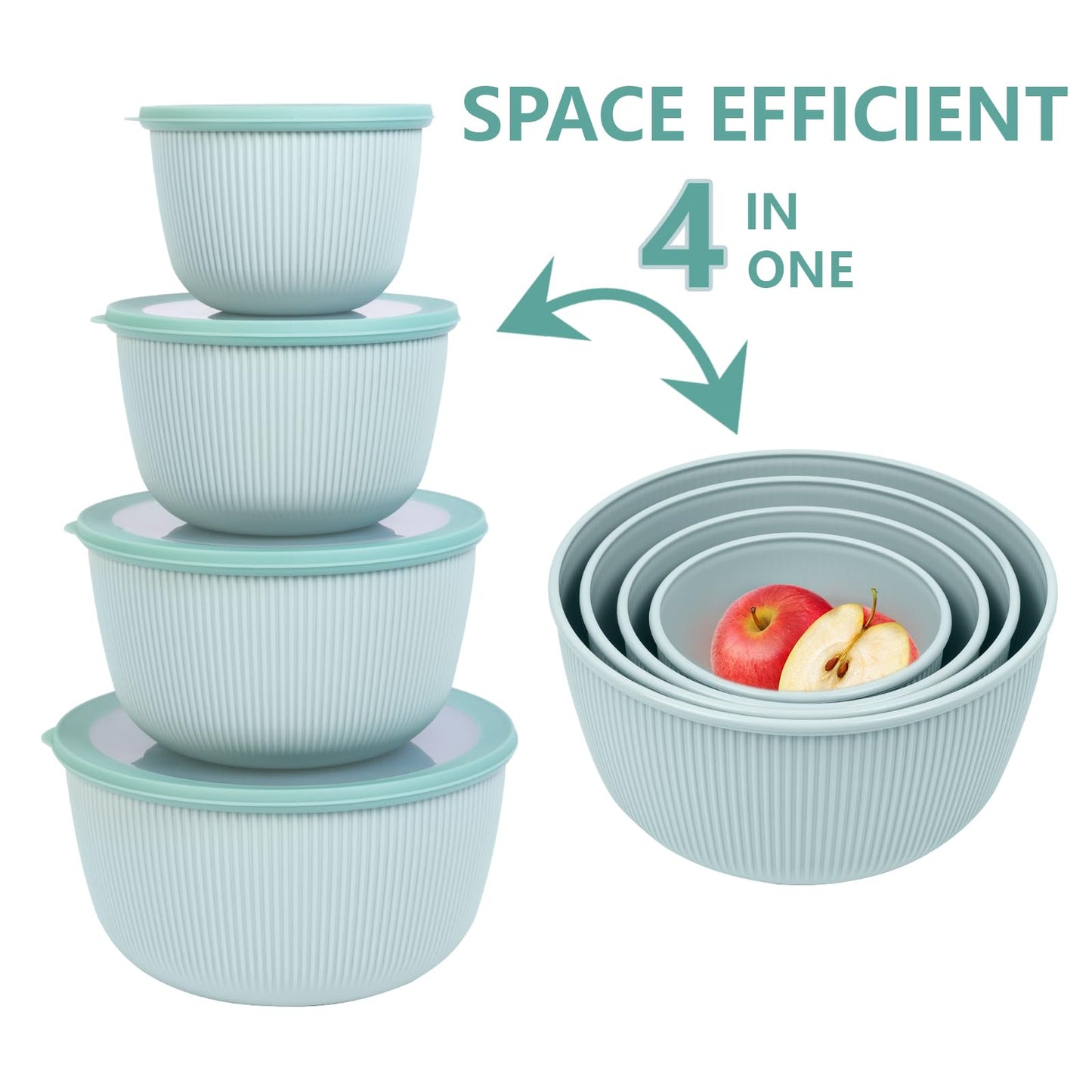 BoxedHome 4.97 Quarts Mixing Bowls with Lids - 8 Piece Plastic Nesting Bowl Set includes 4 Prep Bowls and 4 Lids, Microwave and Dishwasher Safe, Green