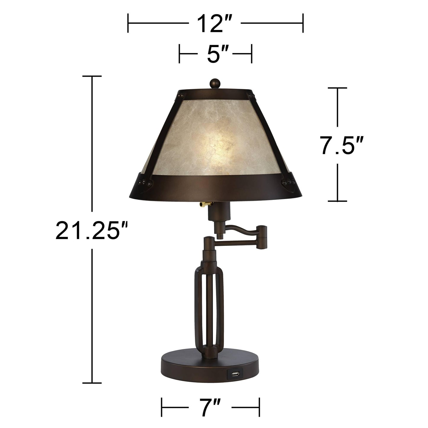 Franklin Iron Works Samuel Rustic Industrial Desk Table Lamps with USB Charging Port 21 1/4" High Set of 2 Bronze Swing Arm Mica Shade for Bedroom Living Nightstand Bedside Office Kids Room House