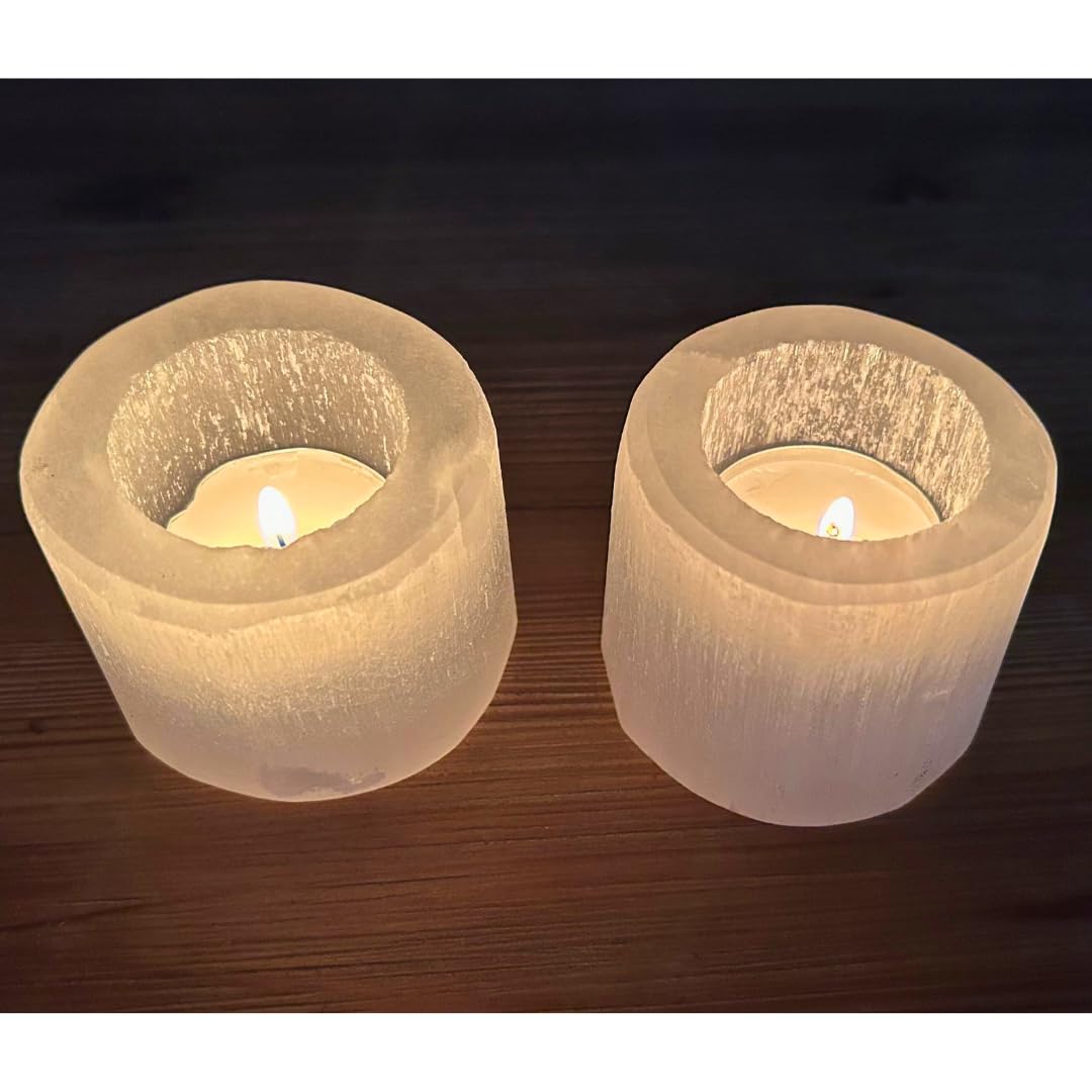 Selenite Tea Light Candle Holders Set of 2 – 2.5" Natural Moroccan Crystal Tealight Votive Cups – Reiki Energy Infused Raw Healing Crystals for Home Decor, Meditation Altars & Spiritual Gifts