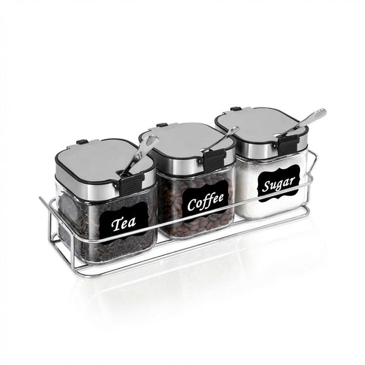 Aelga Glass Sugar Canister Set with Lid, Spoons and Rack, 3 Pack Sugar Container for Coffee Bar, Stainless Steel Flip-Top Lid, Salt and Spice Jar for Kitchen Countertop, Coffee Bar Accessories