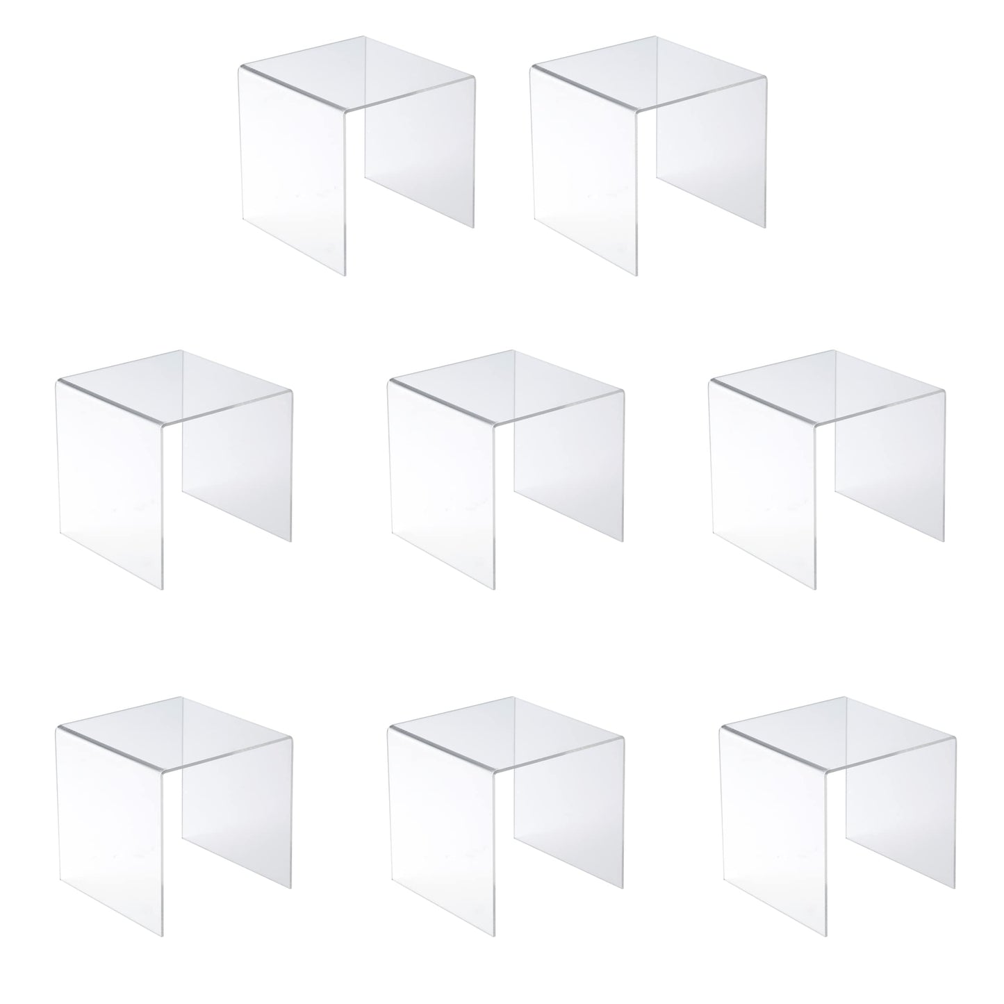 Jusalpha® 8 PC 4'' Clear Acrylic Risers, Acrylic Display Risers Shelf Showcase Fixtures for Jewelry, Display Stand for Amiibo Funko POP Figures, Cupcakes, Food Display, Cabinet- Lot of 8 (4x4x4 Inches)