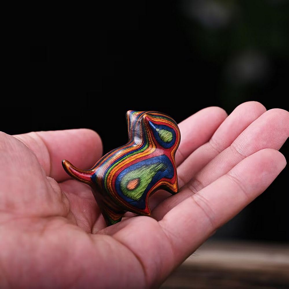 HLbshi Handmade Rainbow Wooden cat Figurine Wood Animal Statue Desk Home Decor 1.5'' (Eyeless)