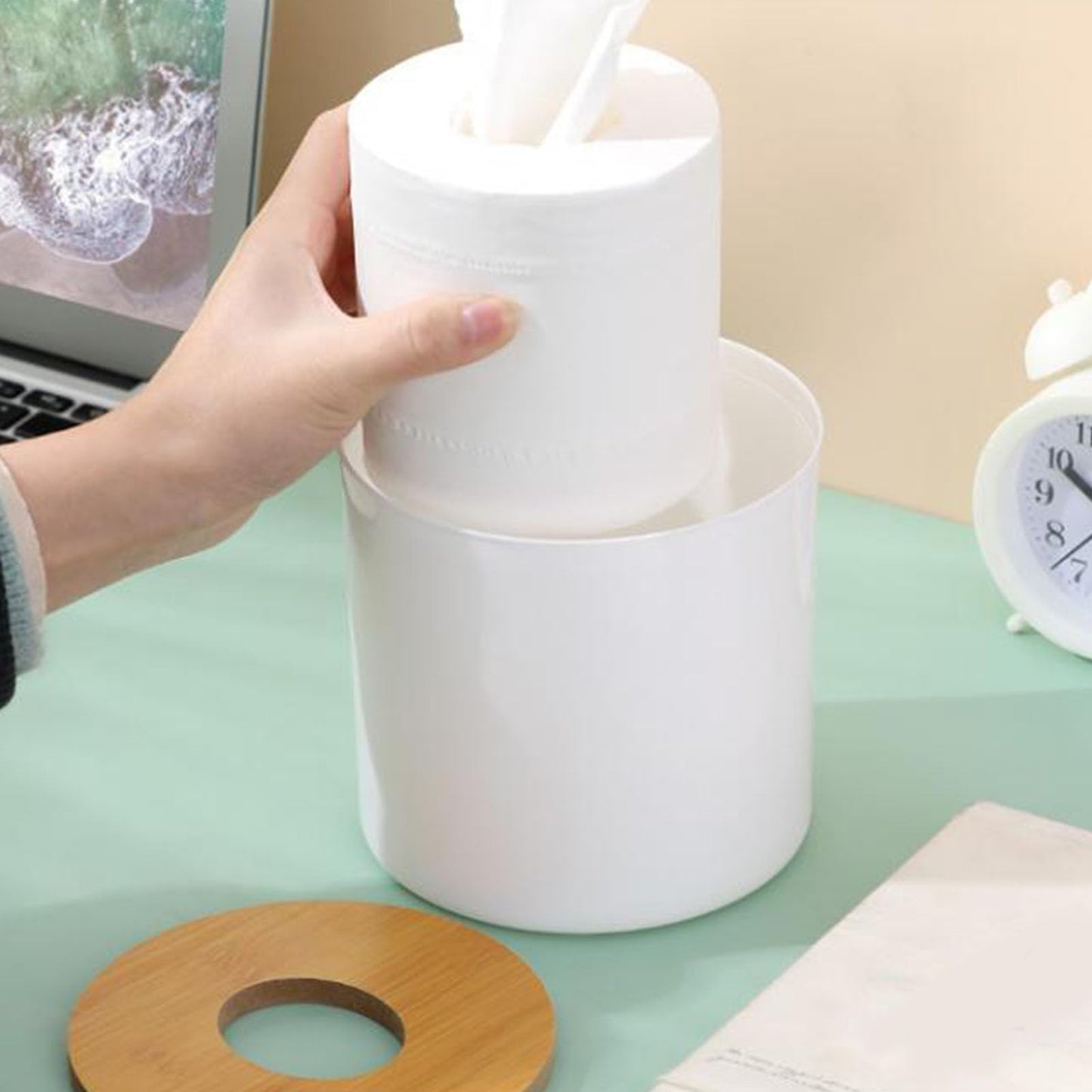 2PCS Modern Round Wooden Tissue Box Cover Holder. Modern Round Facial Tissue Dispenser Box with Cover for Bathroom Vanity Countertops Bedroom Dressers Stands Desks Tables 12.5 * 13.3in