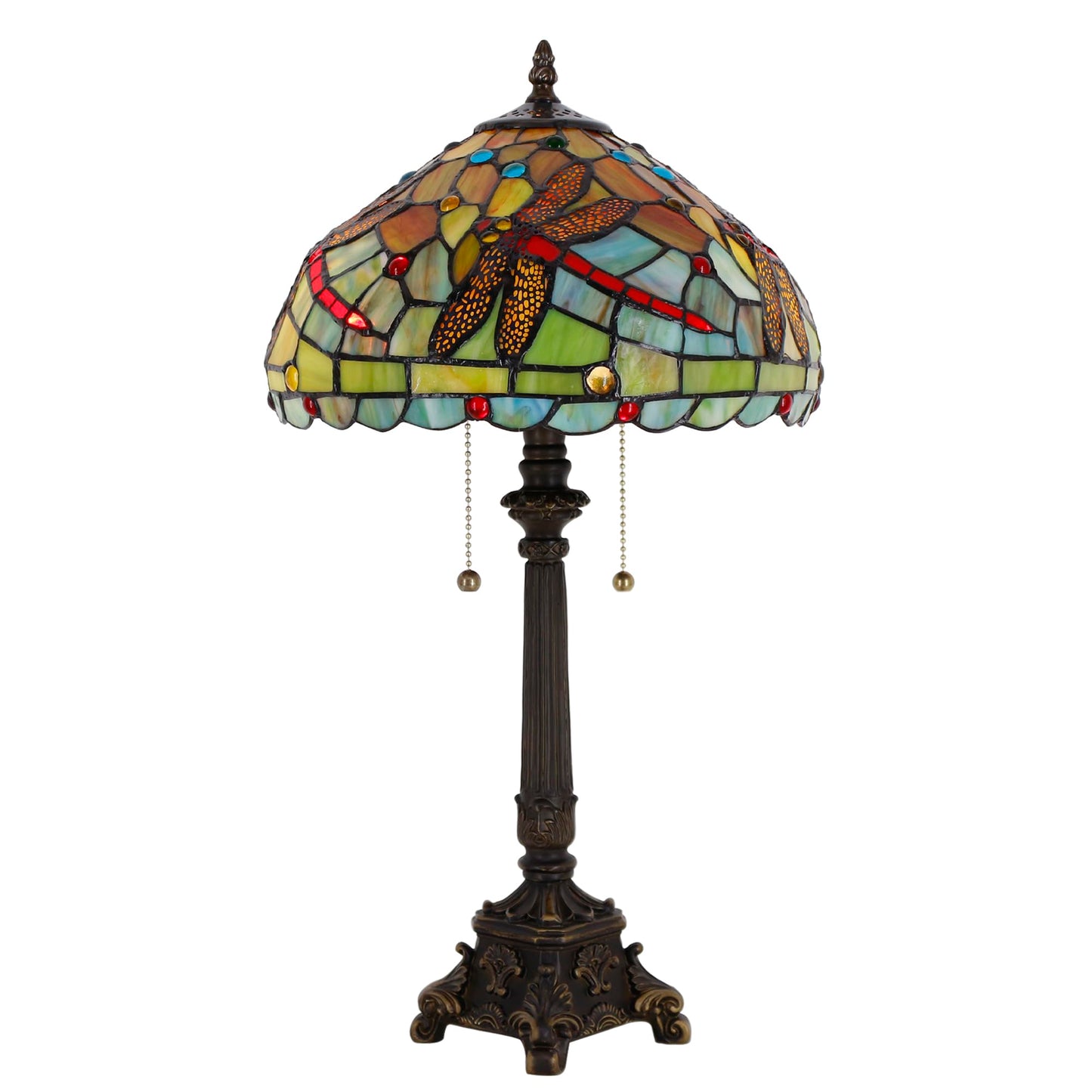 L-Juicwe Tiffany Table Lamp Green Red Stained Glass Desk Lamp 12X12X21 Inches Dragonfly Style Reading Light